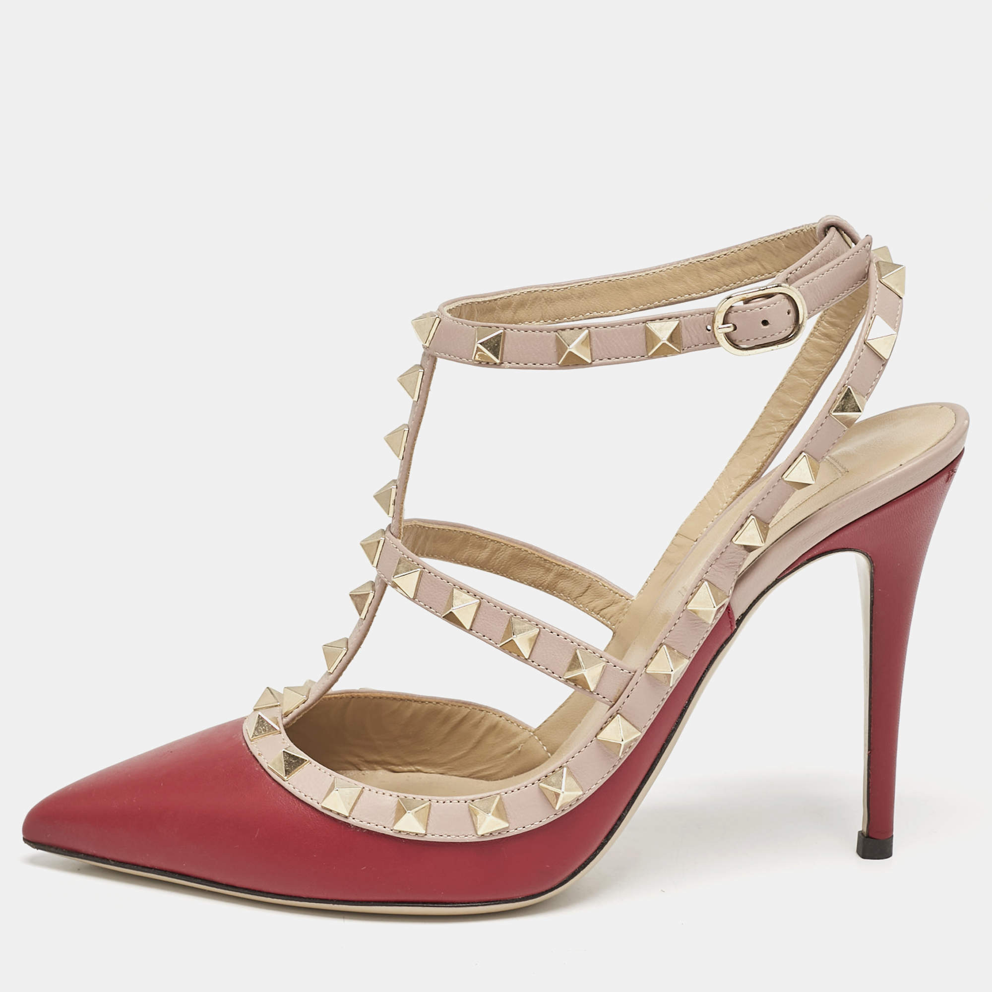 Pre Owned Valentino Burgundy/Dusty Pink Leather Rockstud Caged Ankle Strap Pumps Size 39