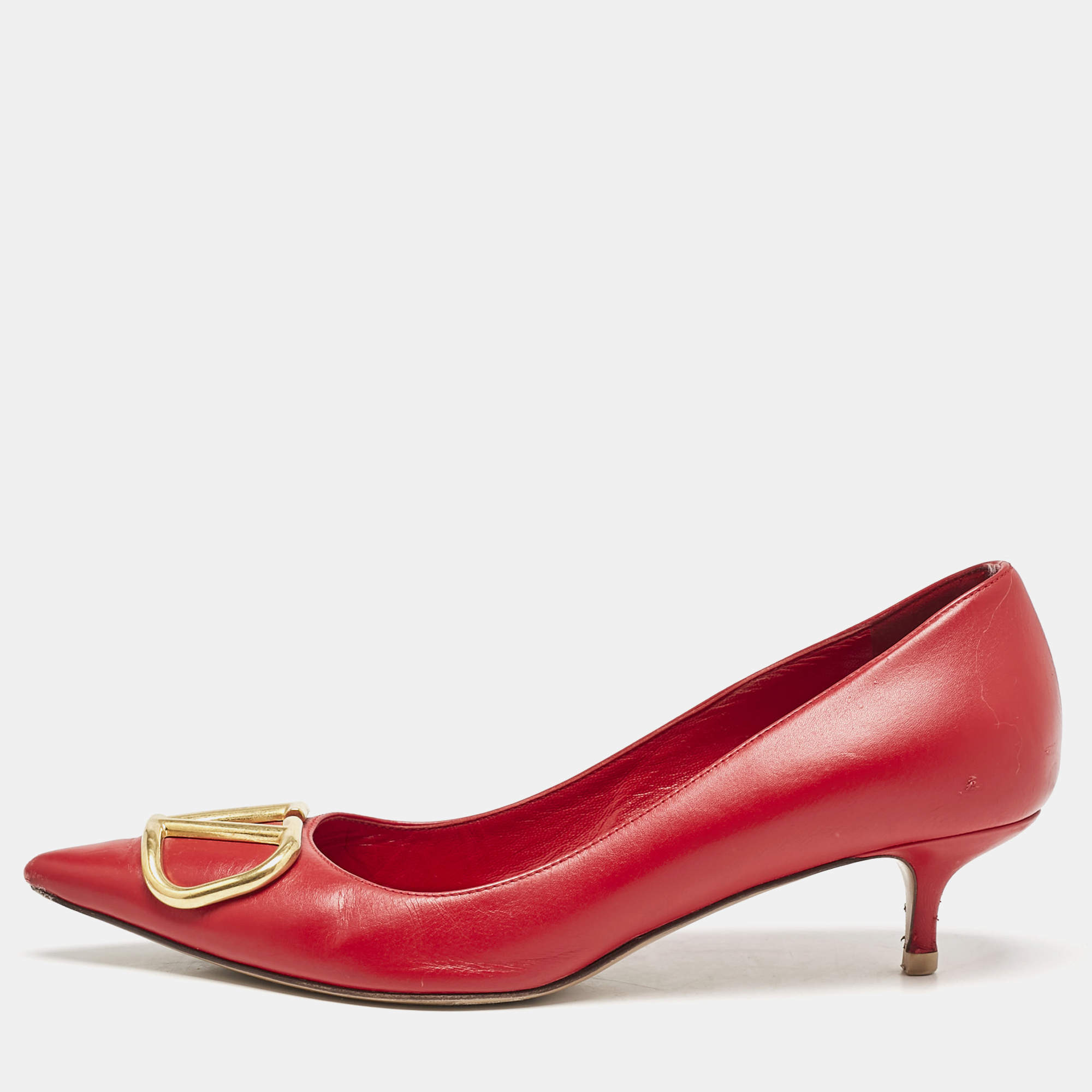 Valentino Red Leather VLogo Pointed Toe Pumps Size 37.5