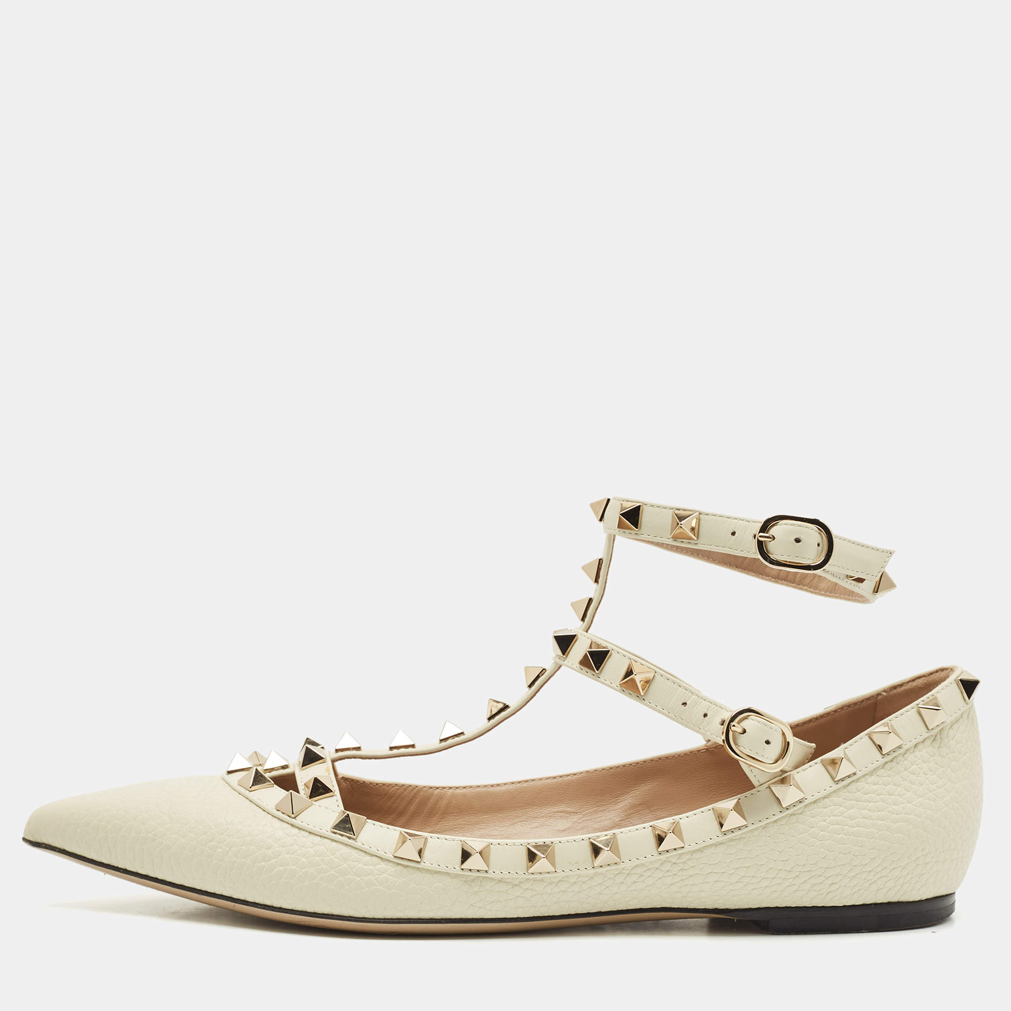 Valentino White Leather Rockstud Caged Ankle Strap Ballet Flats Size 38.5