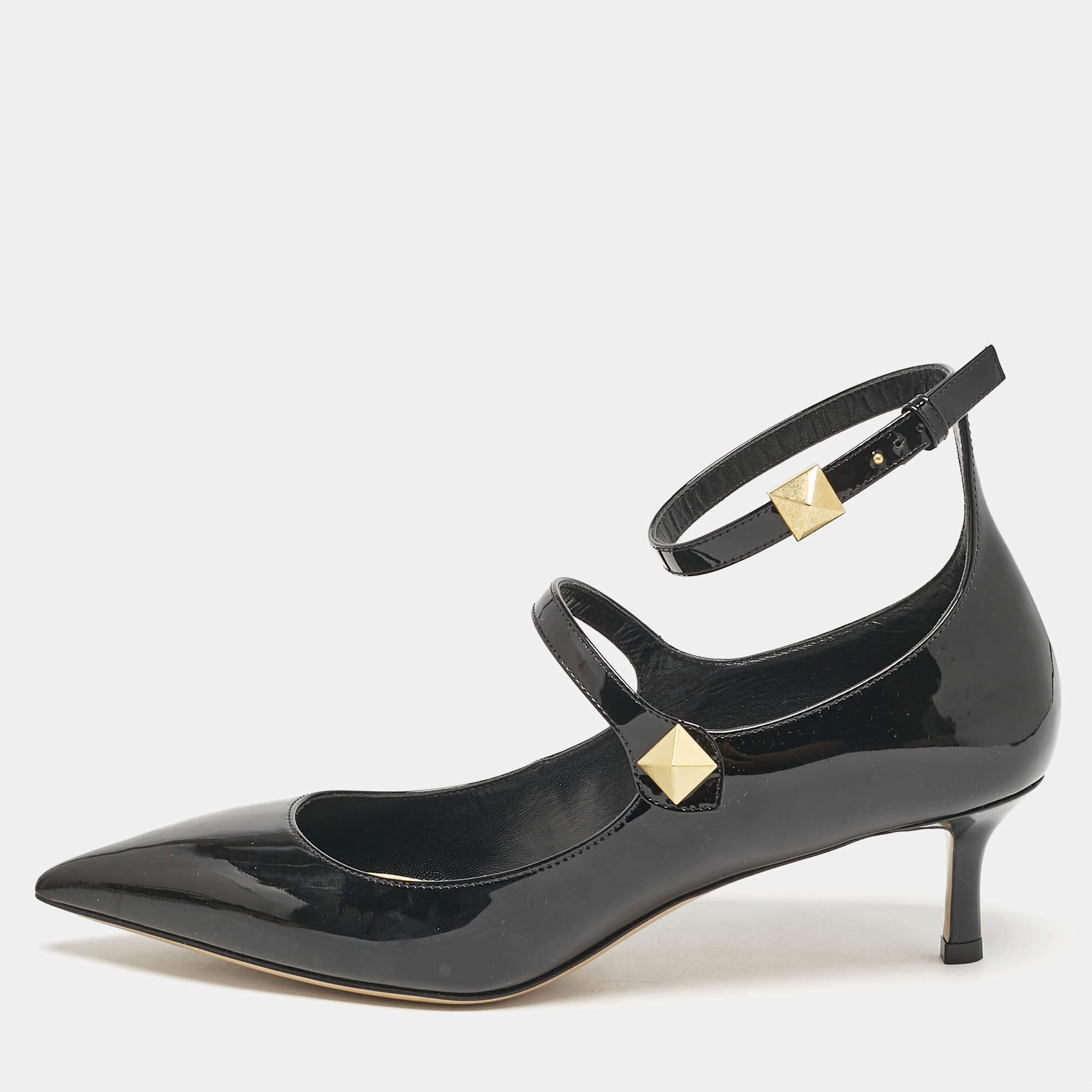 Valentino Black Patent Leather Rockstud Ankle Strap Pointed Toe Pumps Size 40