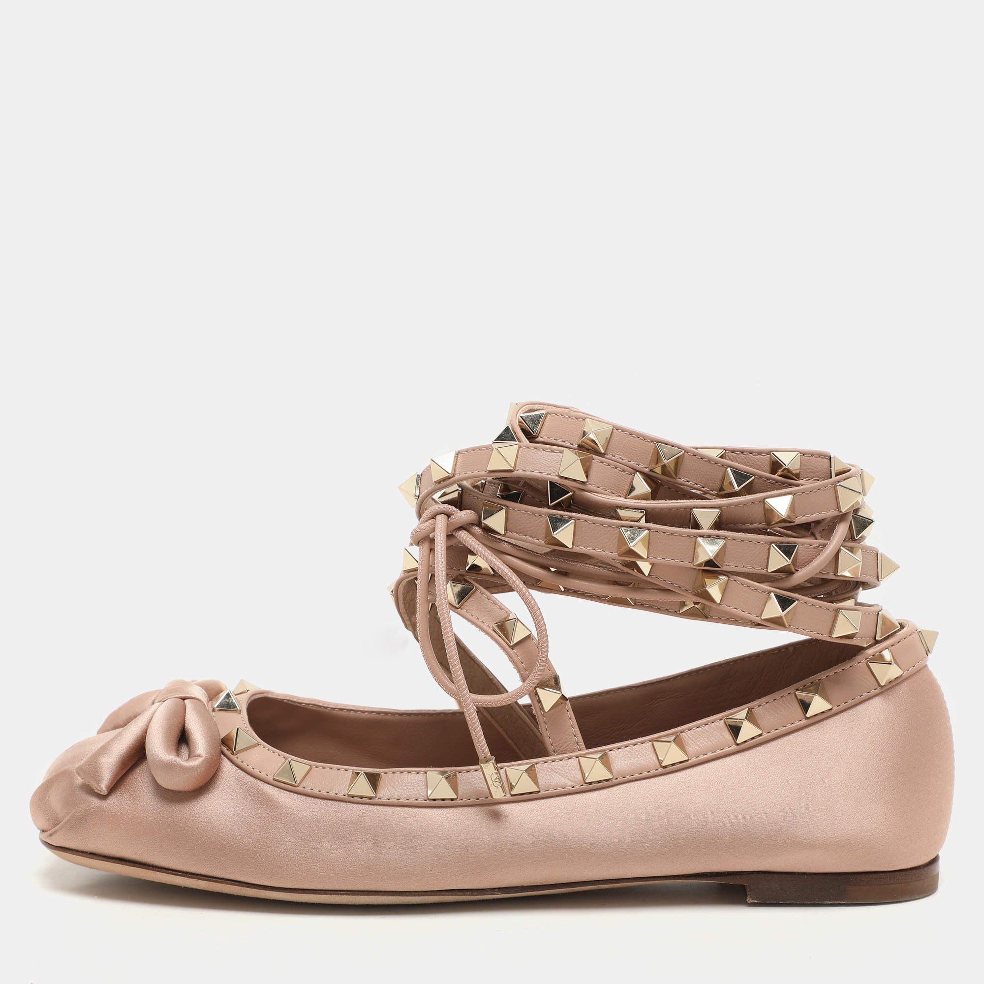 Valentino Rose Cannelle Satin and Leather Rockstud Multi Strap Ballet Flats Size 36.5