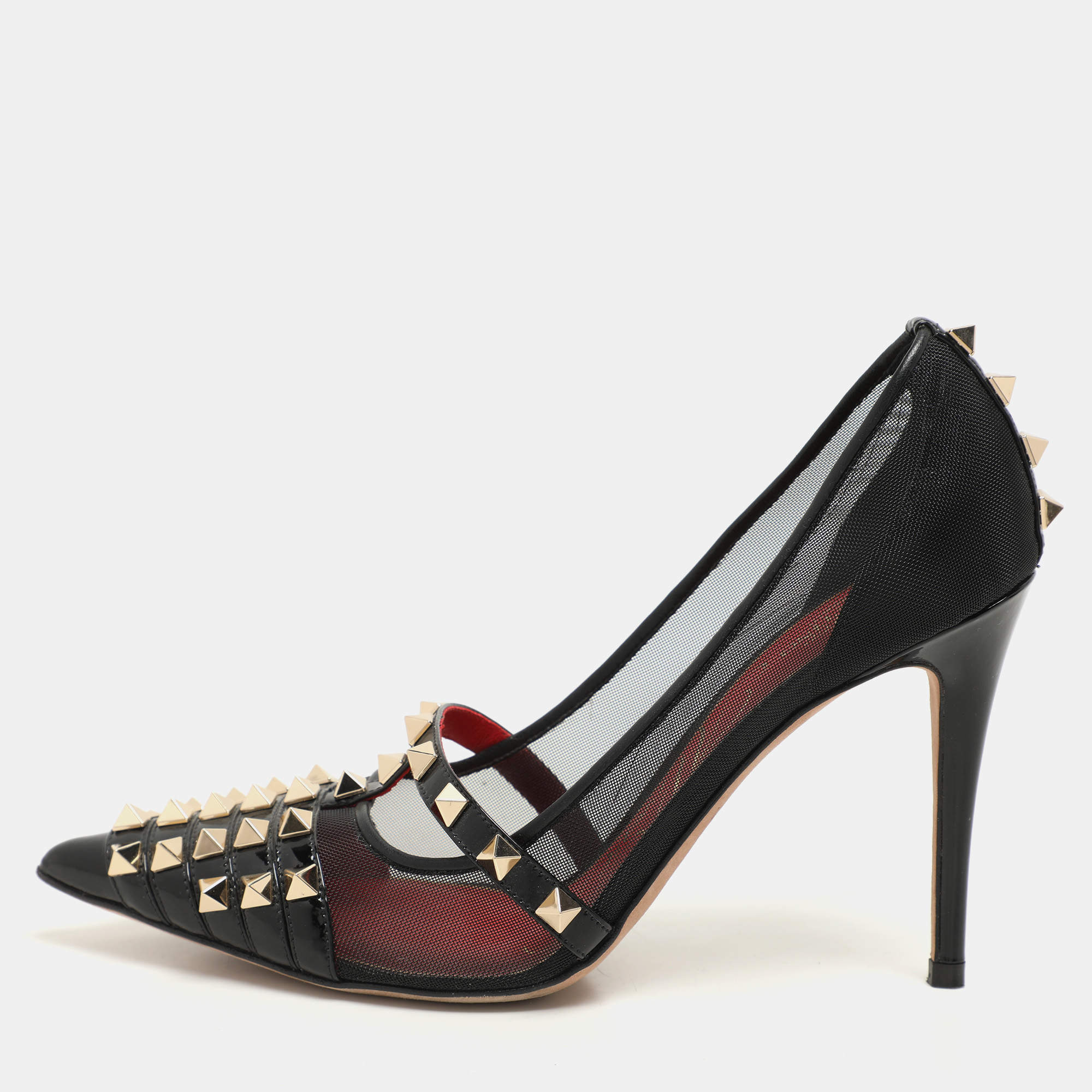 Valentino Black Patent Leather and Mesh Rockstud Alcove Pumps Size 36.5