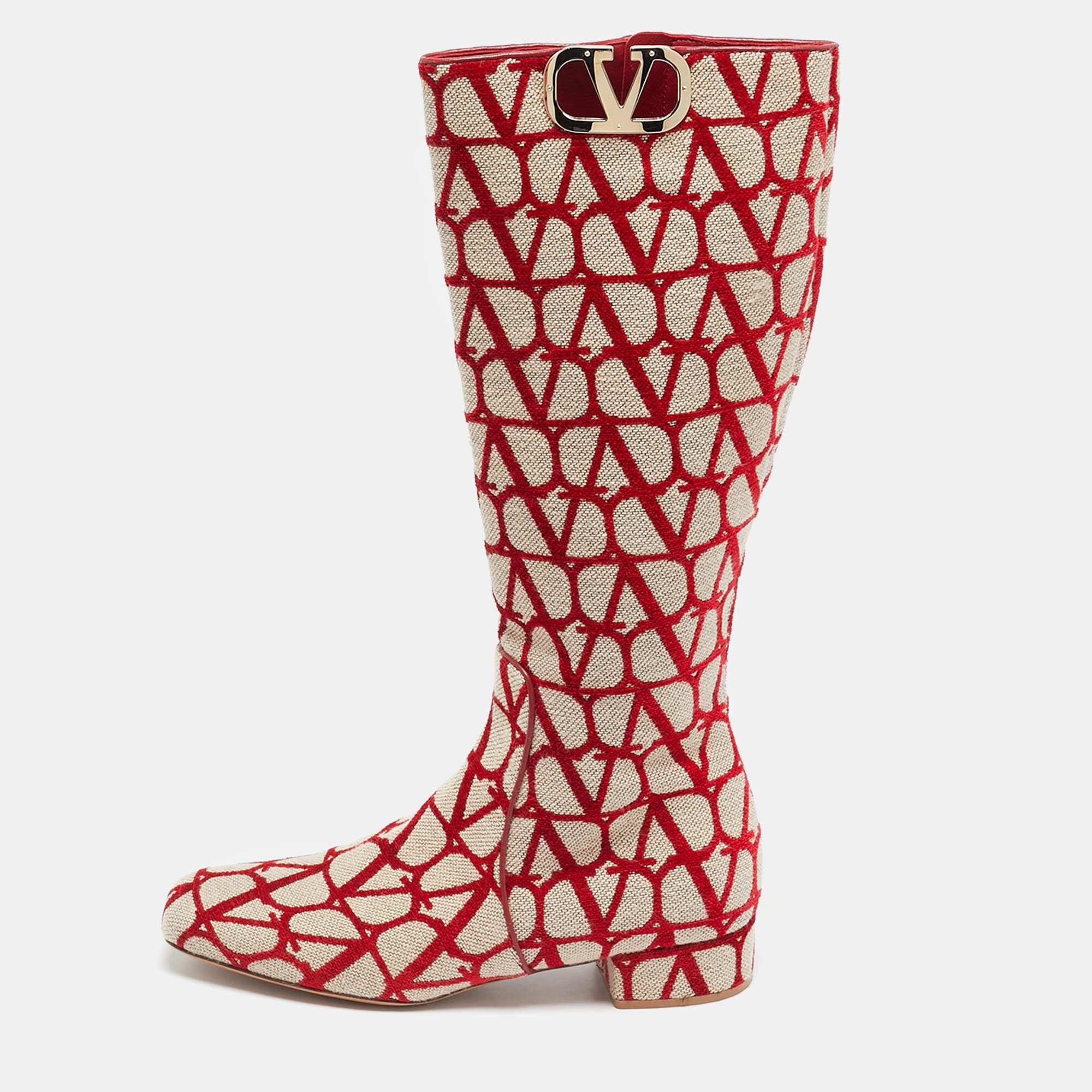 Pre Owned Valentino Beige/Red Iconographe Canvas VLogo Knee Length Boots Size 39