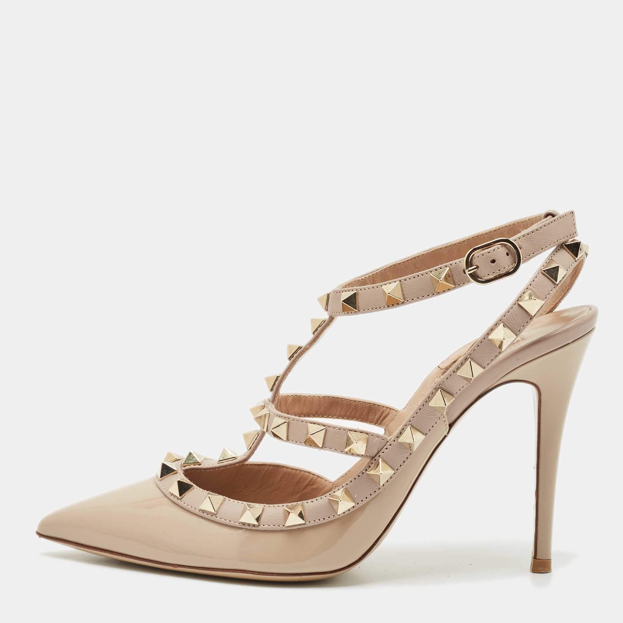 Valentino Beige Patent Leather Rockstud Ankle Strap Pumps Size 36.5