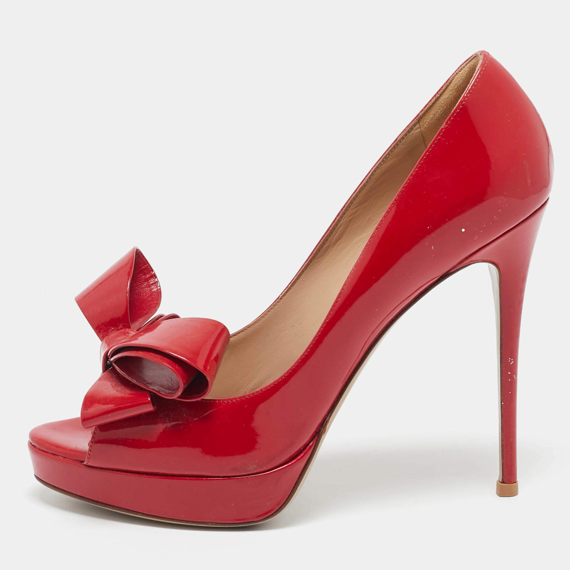 Valentino Red Patent Leather Bow Peep Toe Pumps Size 38.5