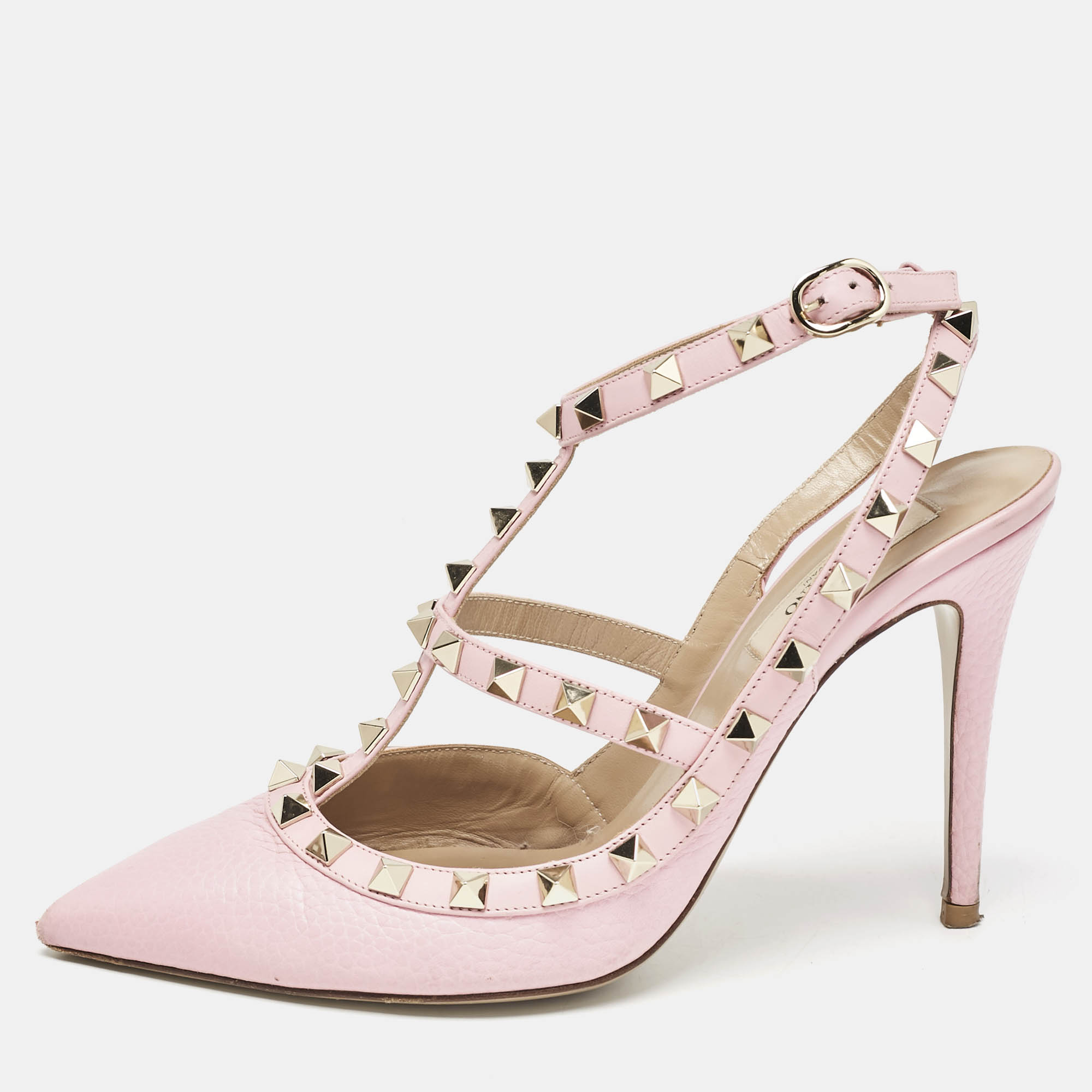 Pre Owned Valentino  Pink Leather Rockstud Caged Pumps Size 38