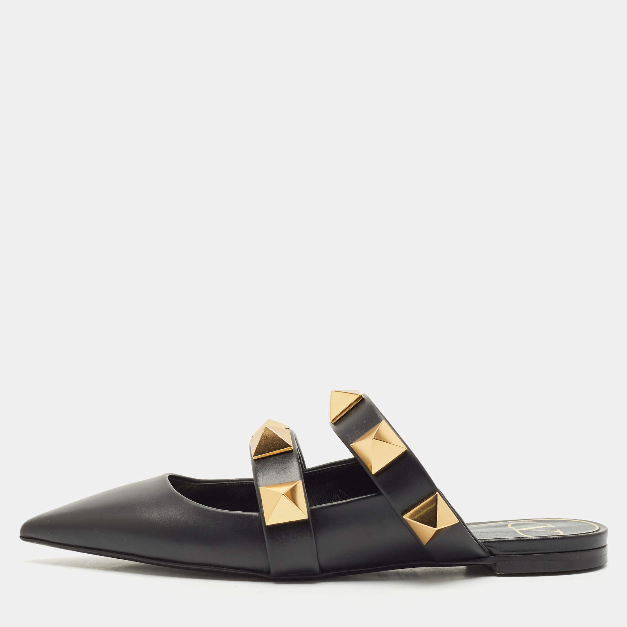 Valentino Black Leather Roman Stud Flat Mules Size 36.5