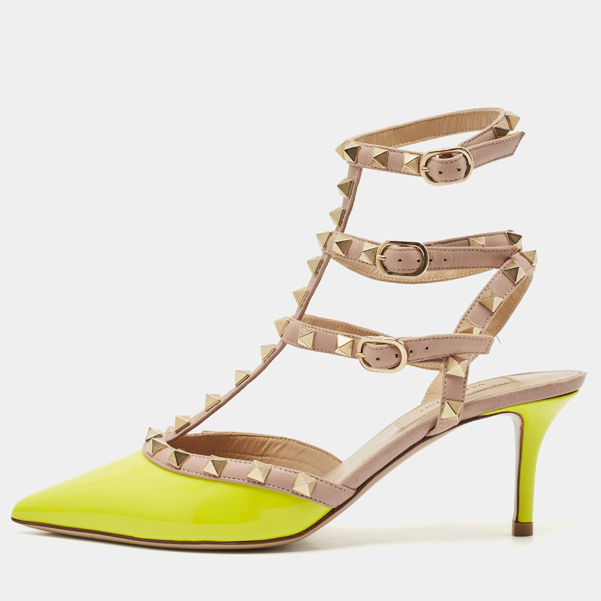 Valentino Yellow/Beige Patent Leather Rockstud Caged Ankle Strap Pumps Size 37