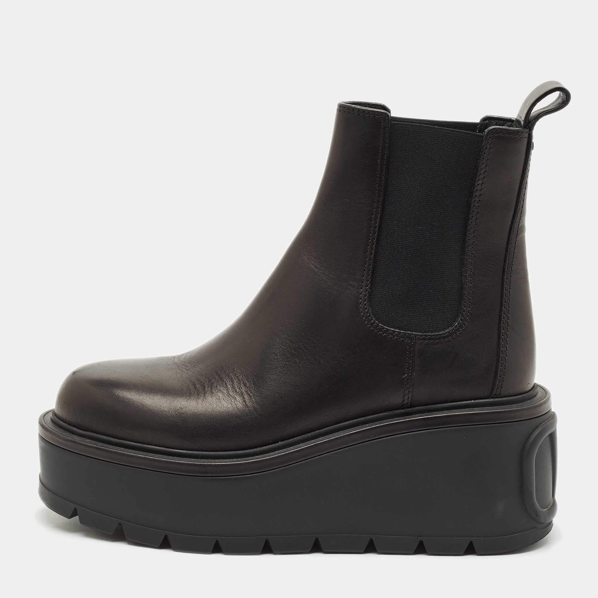 Valentino Black Leather Uniqueform Platform Ankle Length Boots Size 38.5