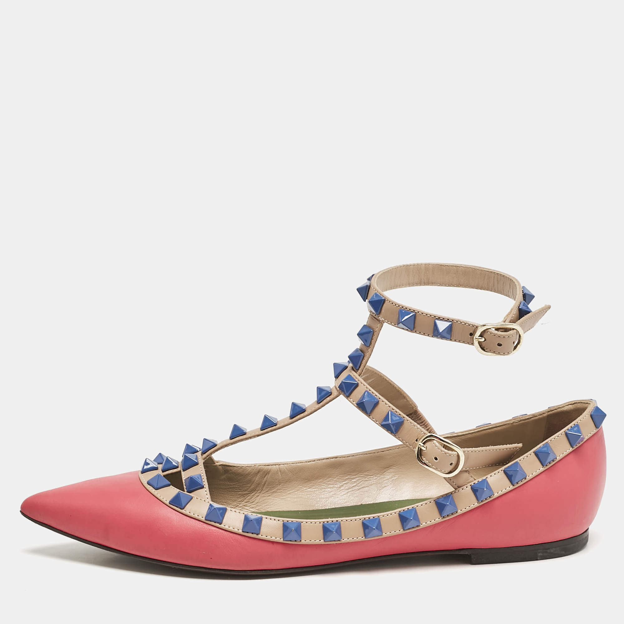 Valentino Pink/Beige Leather Rockstud Cage Ballet Flats Size 36.5