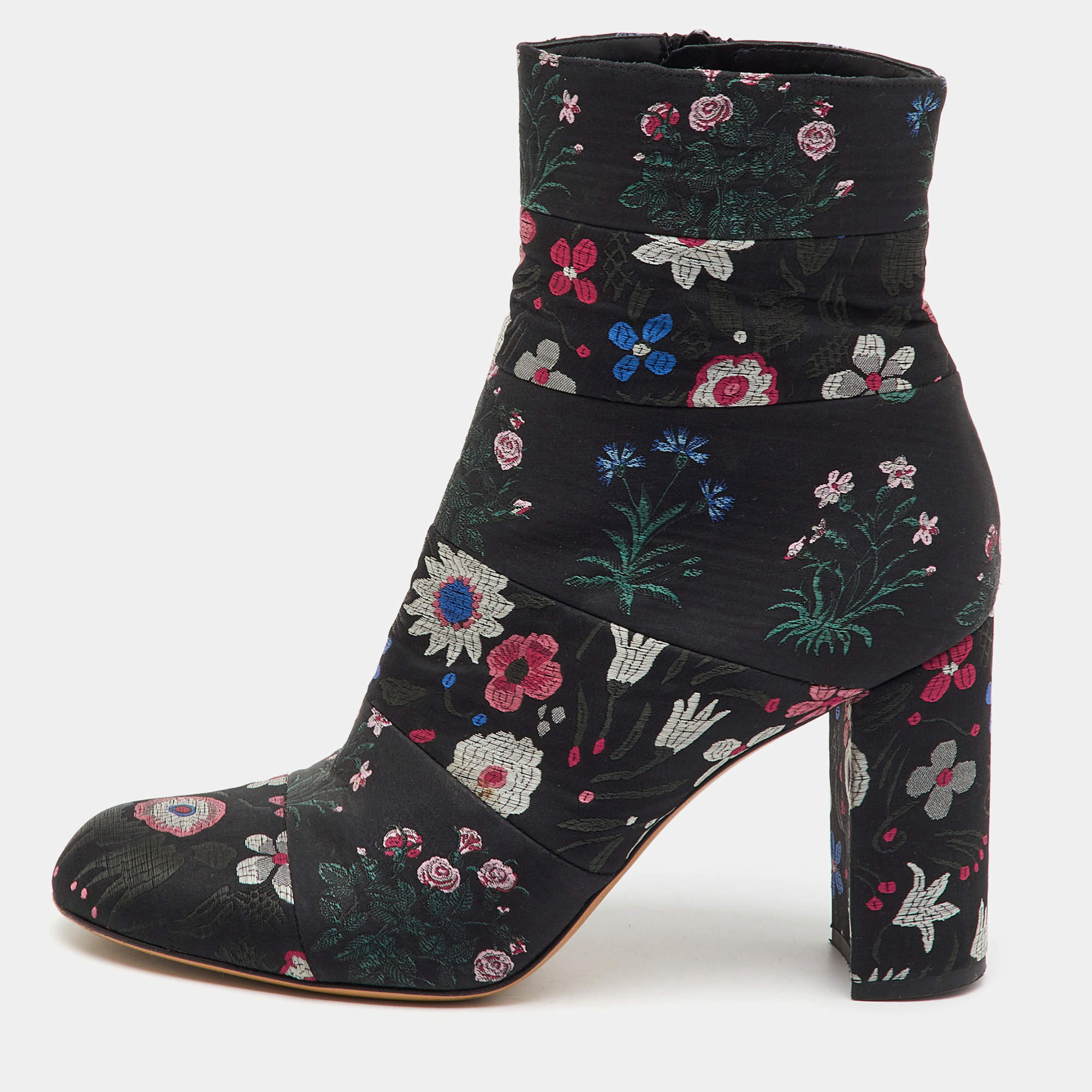 Valentino Black Fabric Floral Print Block Heel Ankle Length Boots Size 40