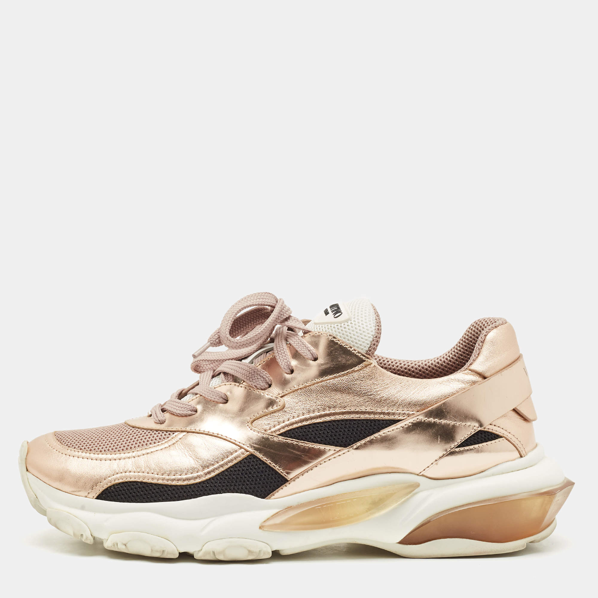 Pre Owned Valentino Rose Gold Leather and Mesh Bounce Sneakers Size 40