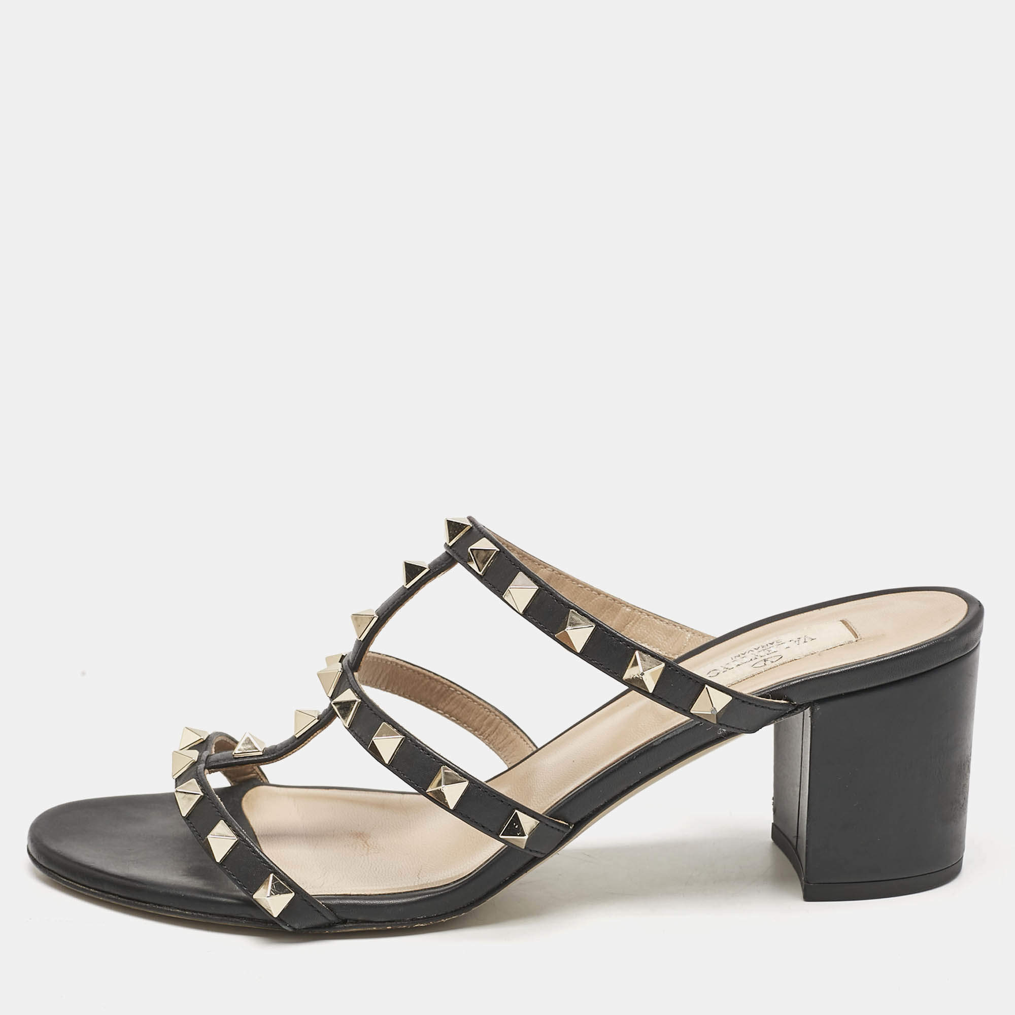 Valentino Black Leather Rockstud Block Heel Slide Sandals Size 39.5