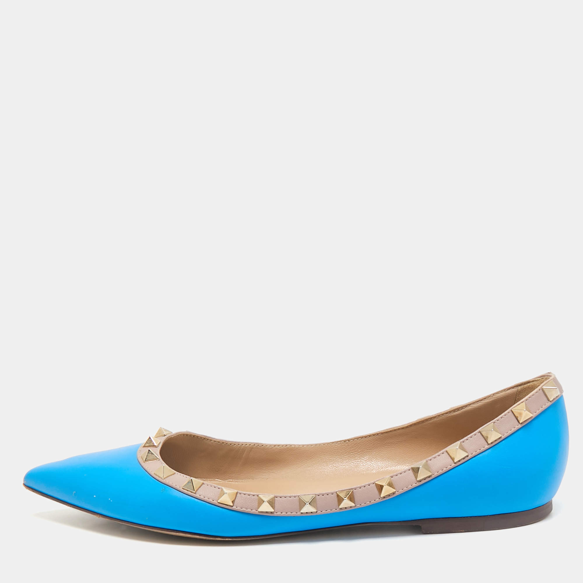 Pre Owned Valentino Blue/Beige Leather Rockstud Ballet Flats Size 39