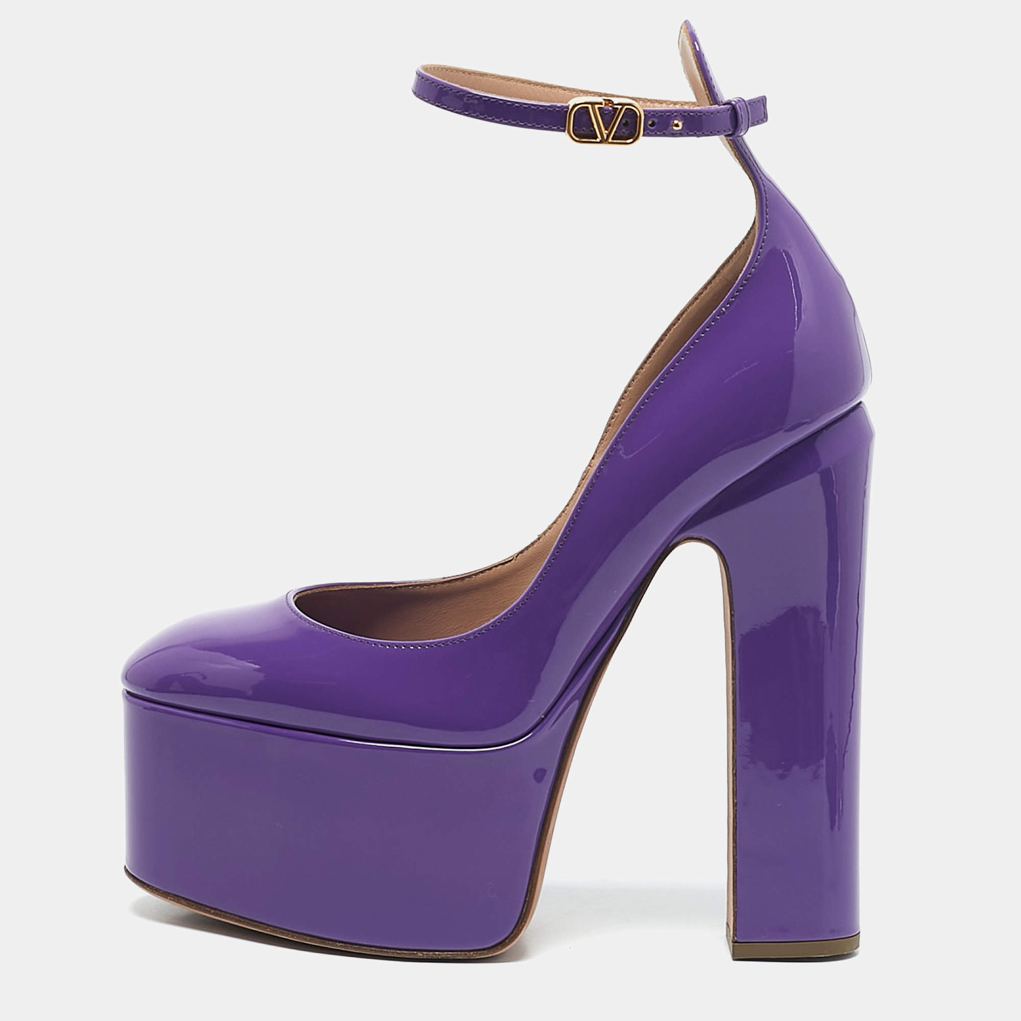 Valentino Purple Patent Leather Tango Platform Ankle Strap Block Heel Pumps Size 36