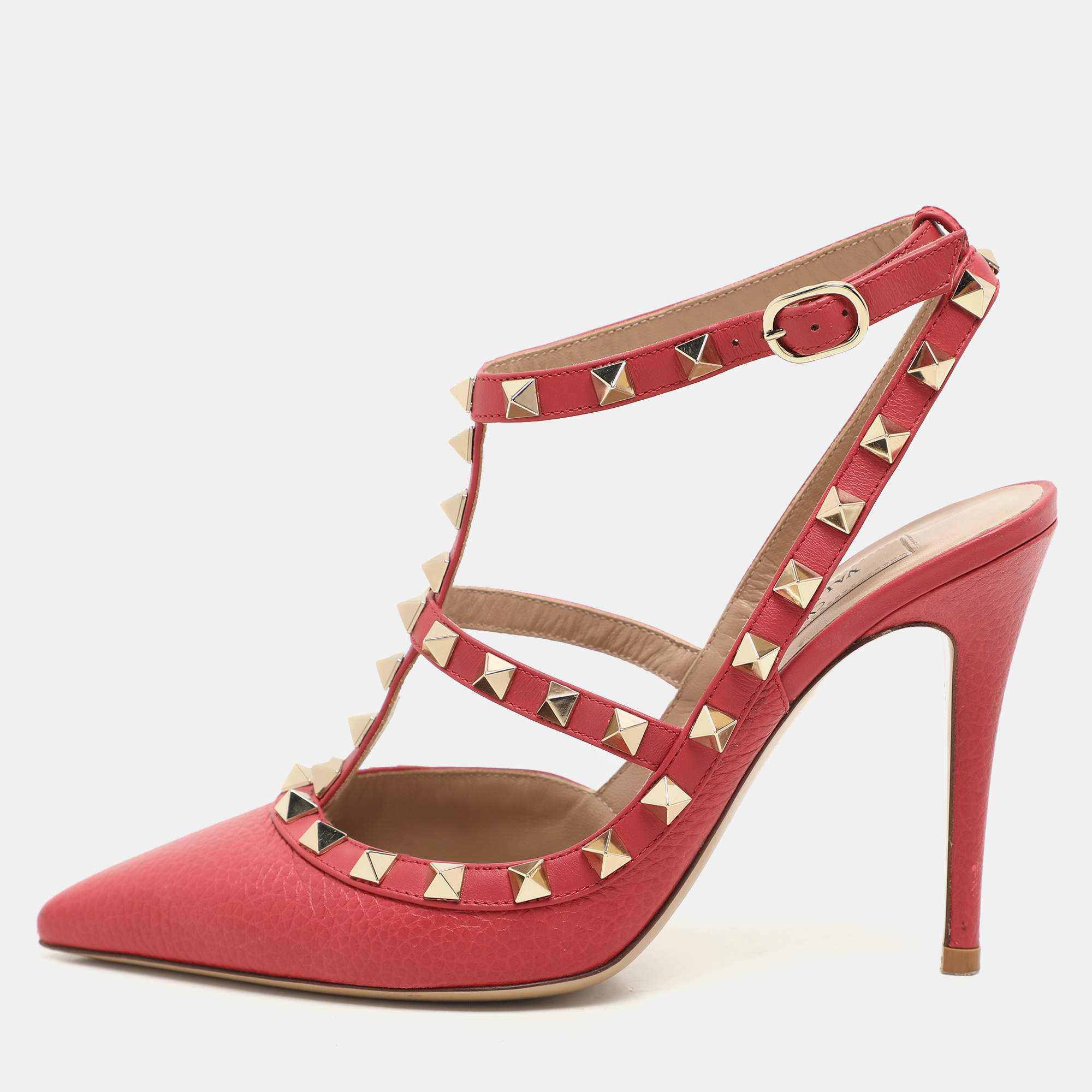Valentino Red Leather Rockstud Ankle Strap Pumps Size 36