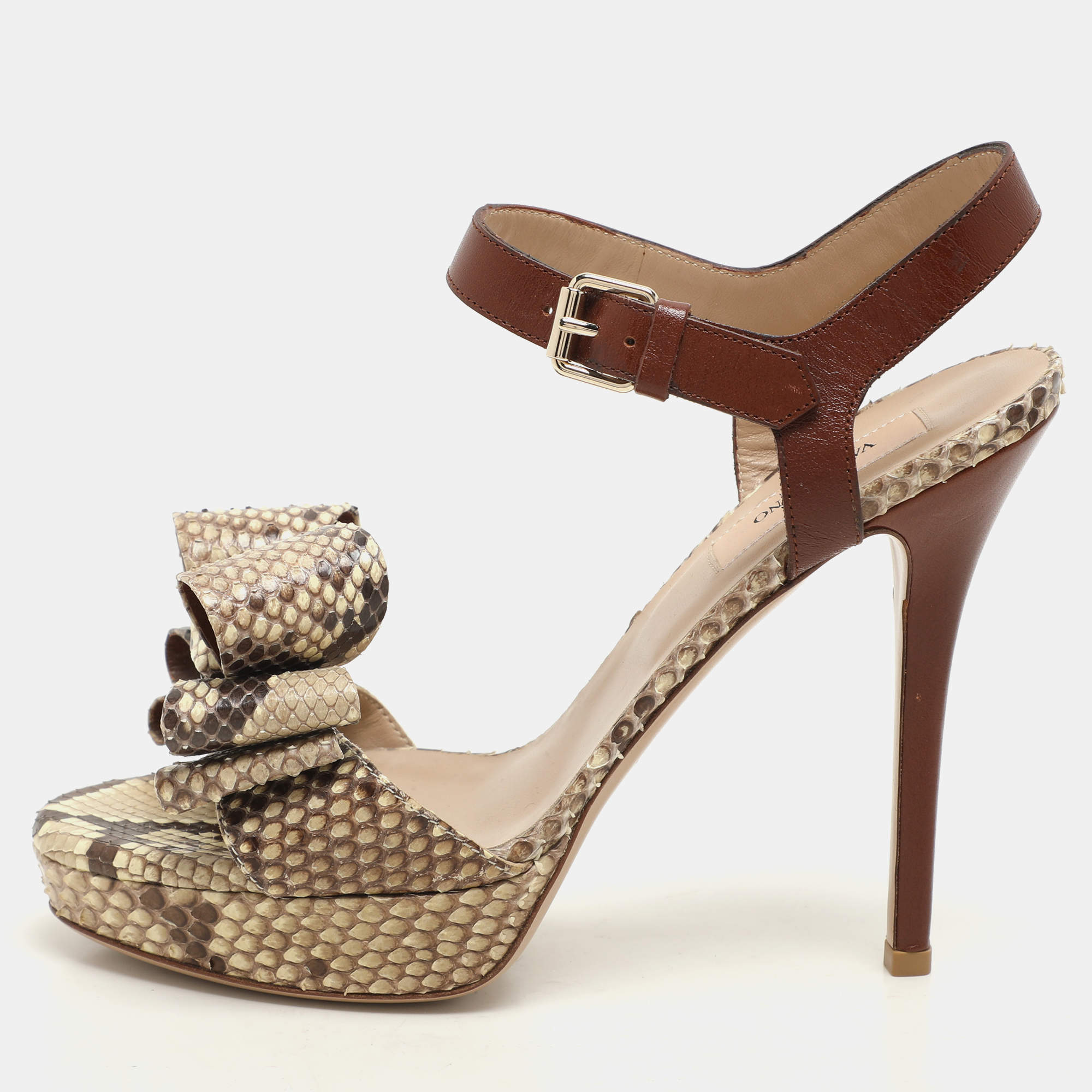 Valentino Beige Leather and Python Leather Bow Ankle Strap Sandals Size 37