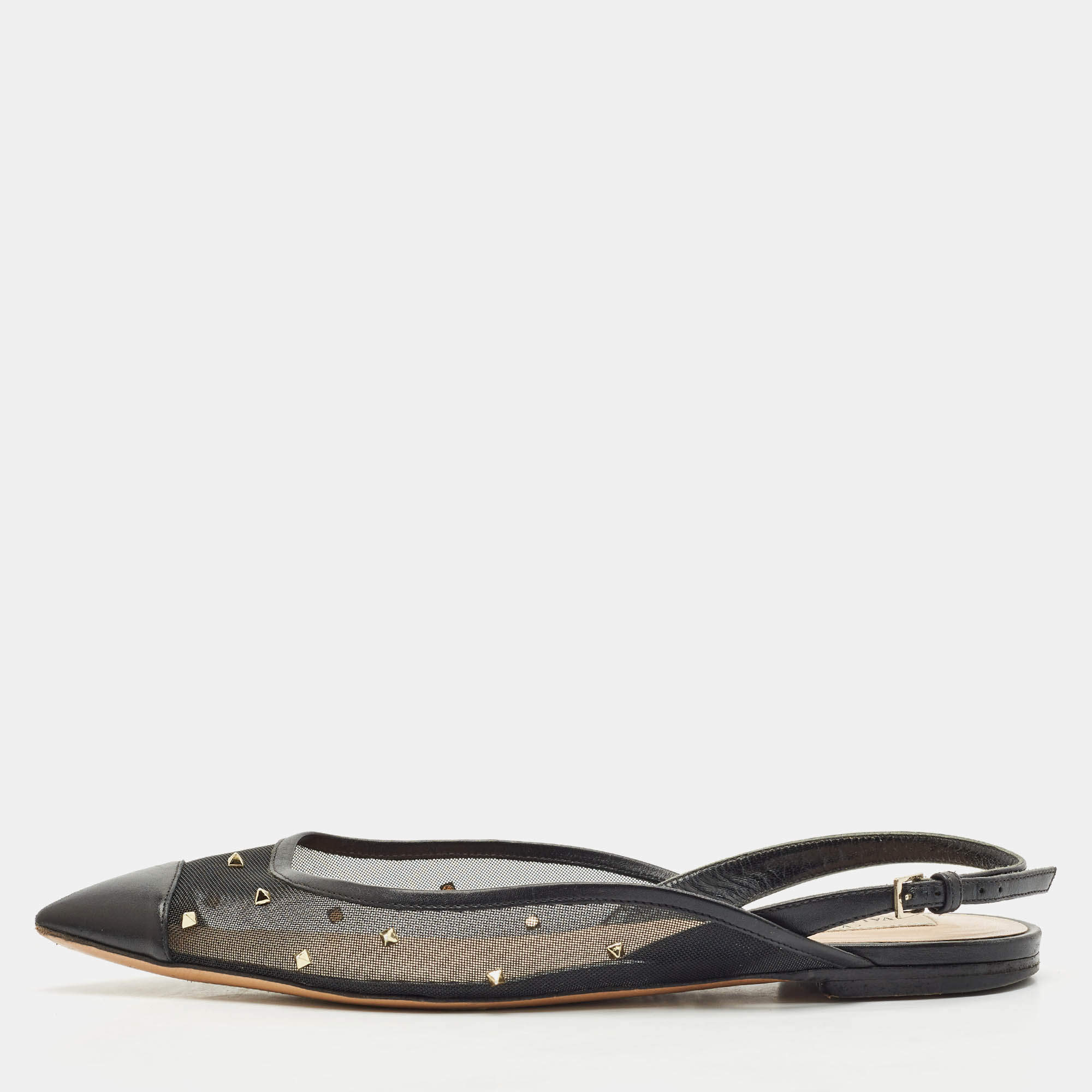 Pre Owned Valentino Black Leather and Mesh Rockstud Slingback Sandals Size 38