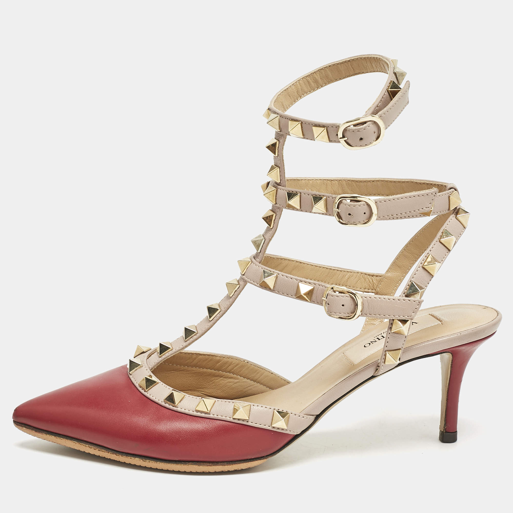 Valentino Beige/Red Leather Rockstud Pumps Size 36.5