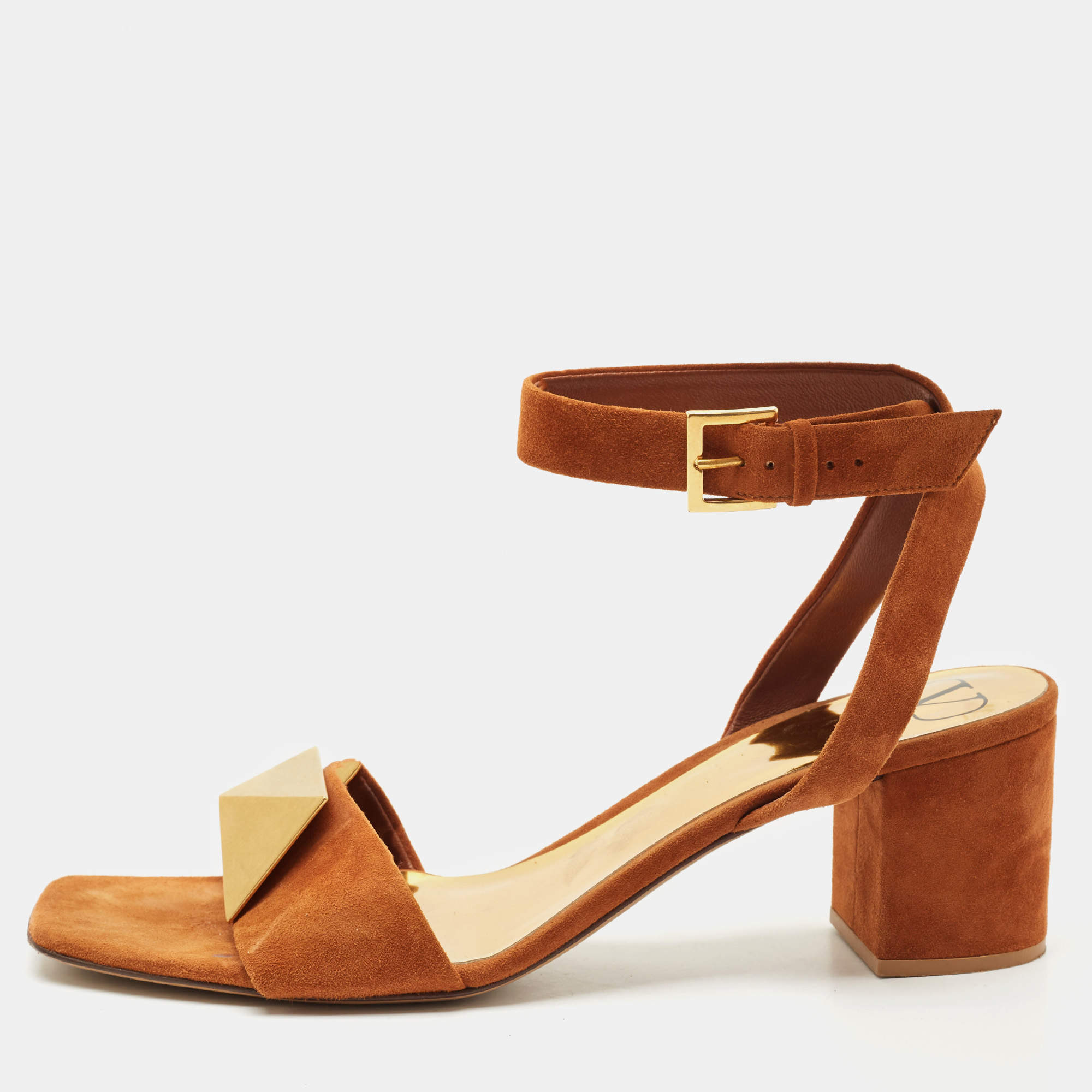 Valentino Brown Suede Roman Stud Ankle Strap Block Heel Sandals Size 40.5