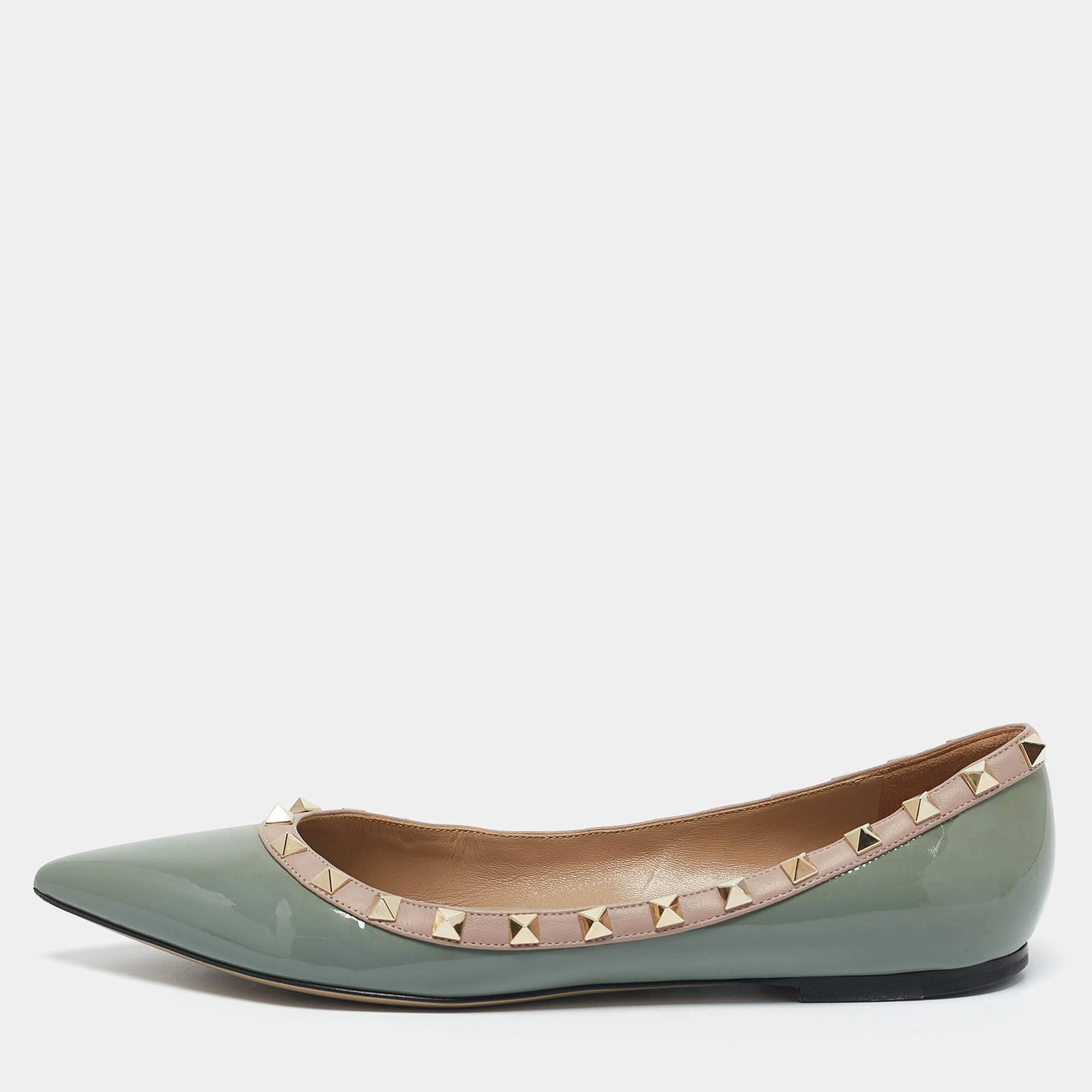 Valentino Slate Blue/Beige Patent Leather Rockstud Pointed Toe Ballet Flats Size 40