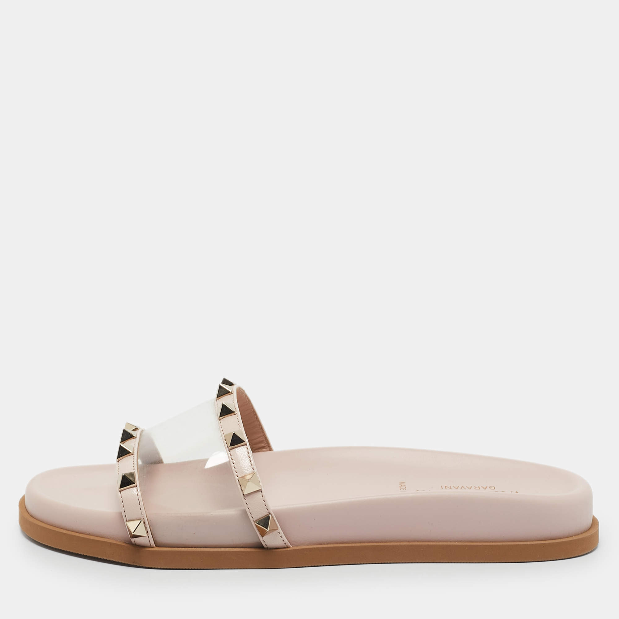 Valentino Pink Leather and PVC Rockstud Flat Slides Size 37