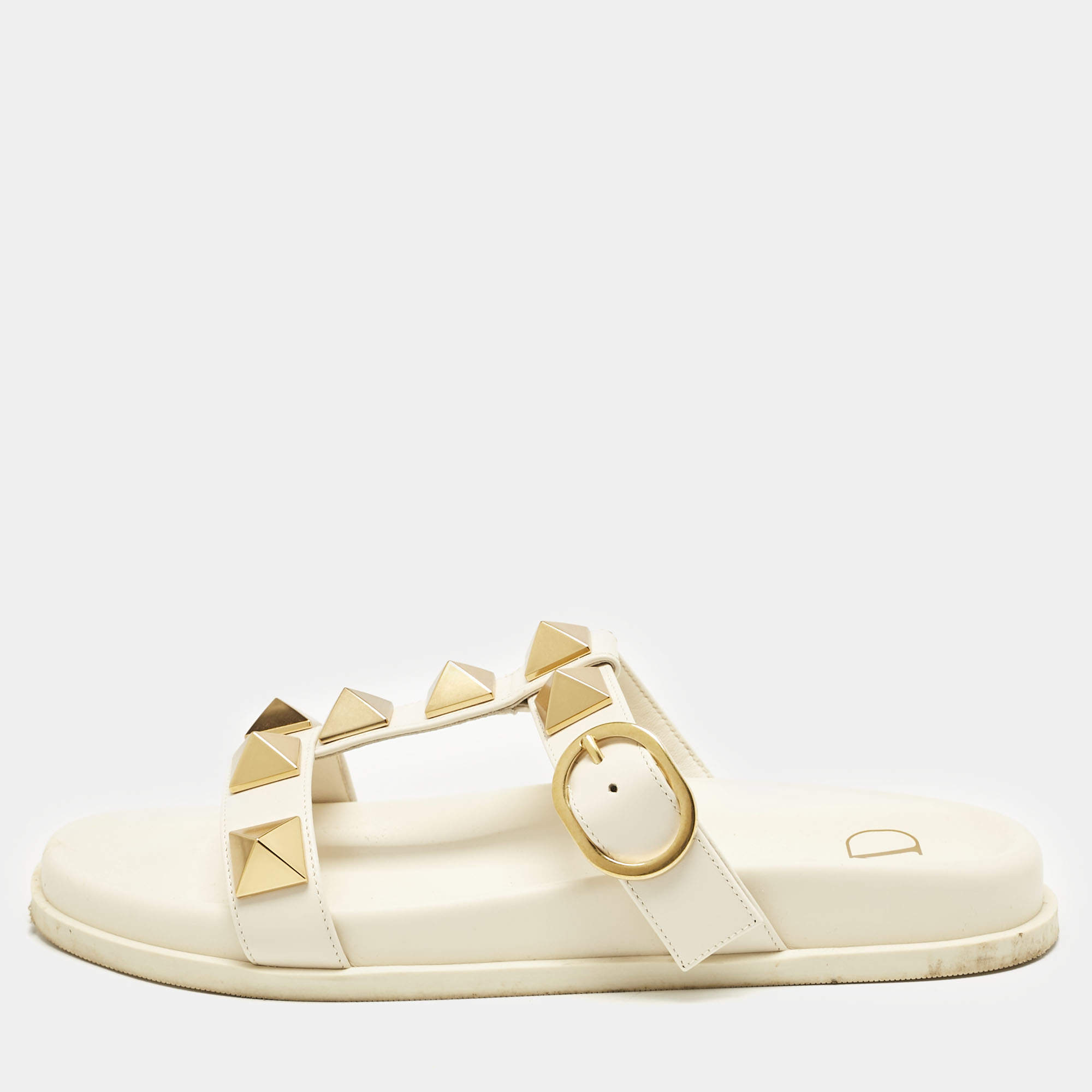 Valentino Off White Leather Roman Stud Flat Slide Sandals Size 38