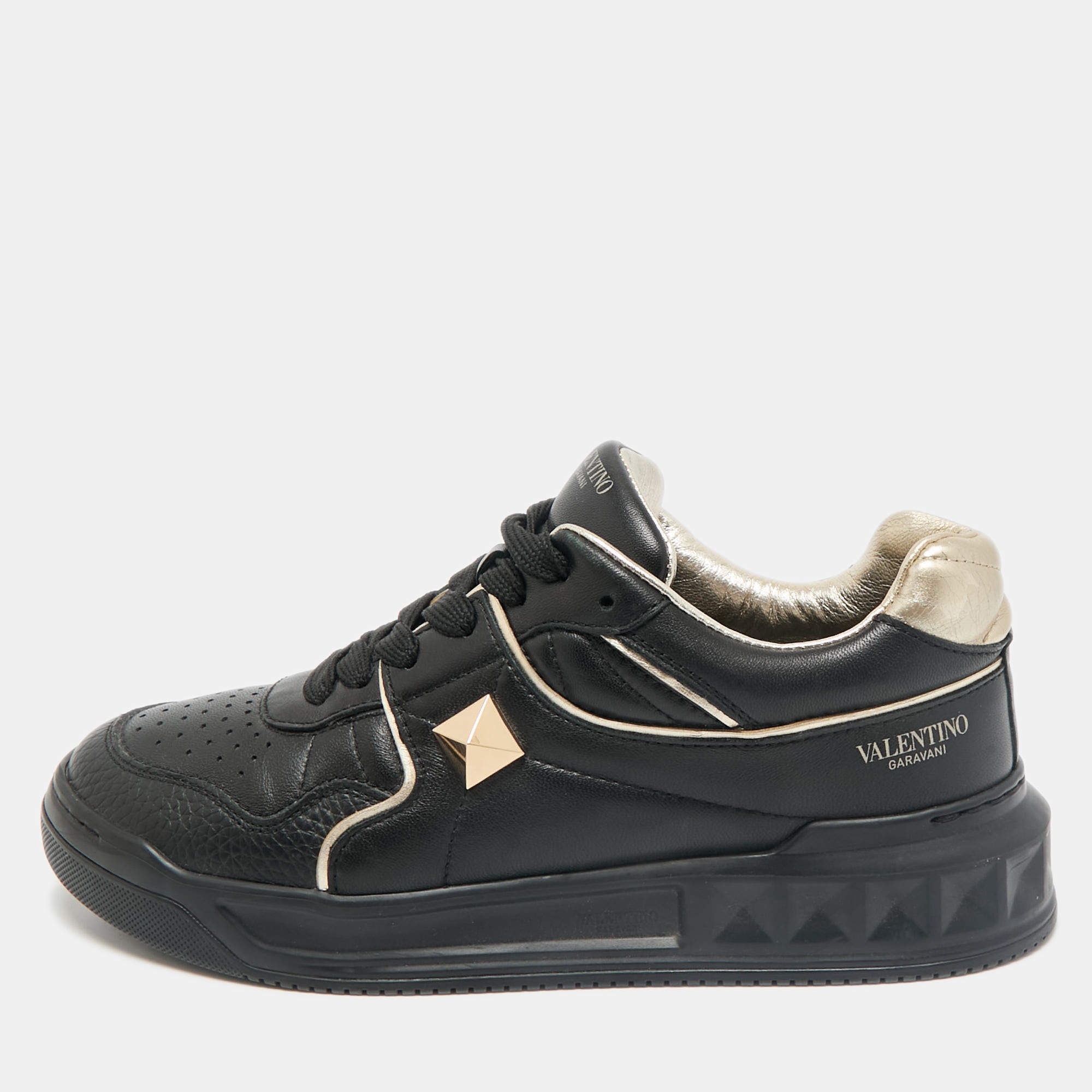 Valentino Black Leather One Stud  Sneakers Size 38.5