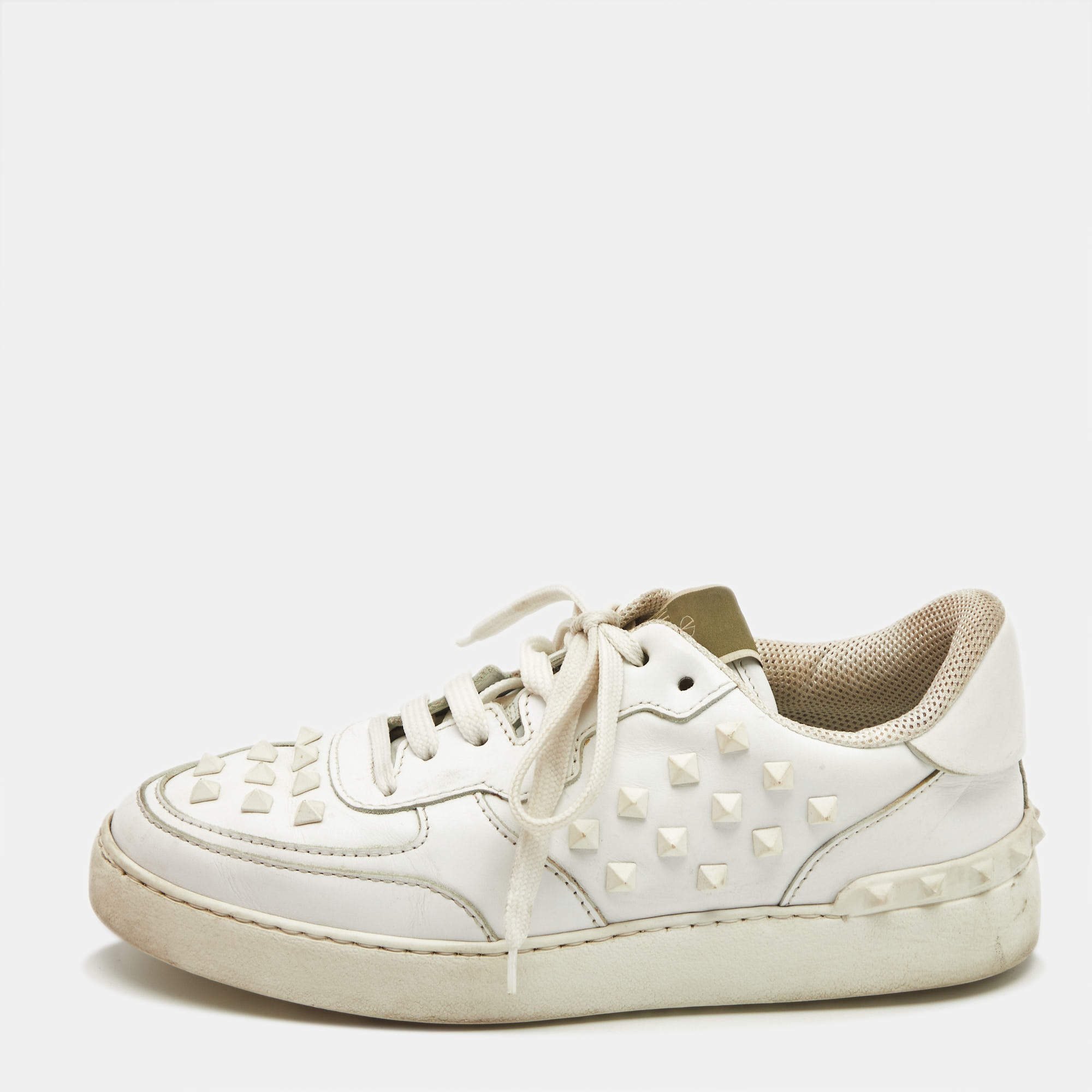 Valentino White Leather Rockstud Low Top Sneakers Size 39.5