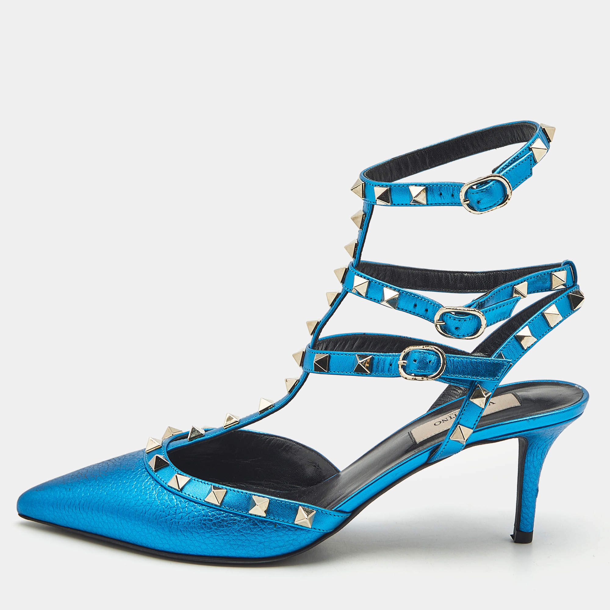 Pre Owned Valentino Metallic Blue Leather Rockstud Cage Pumps Size 39