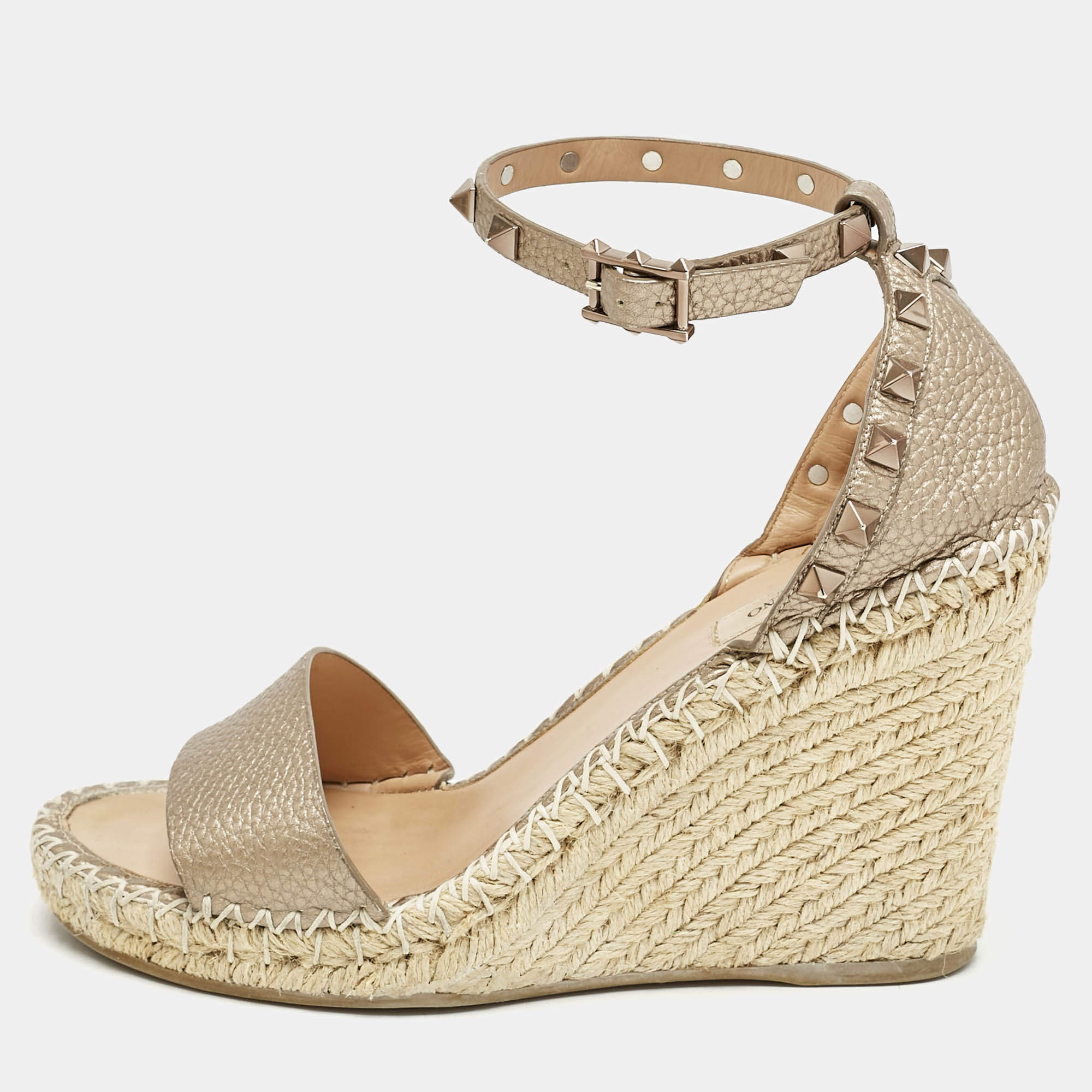 Valentino Metallic Gold Leather Rockstud Ankle Strap Wedge Espadrille Sandals Size 38
