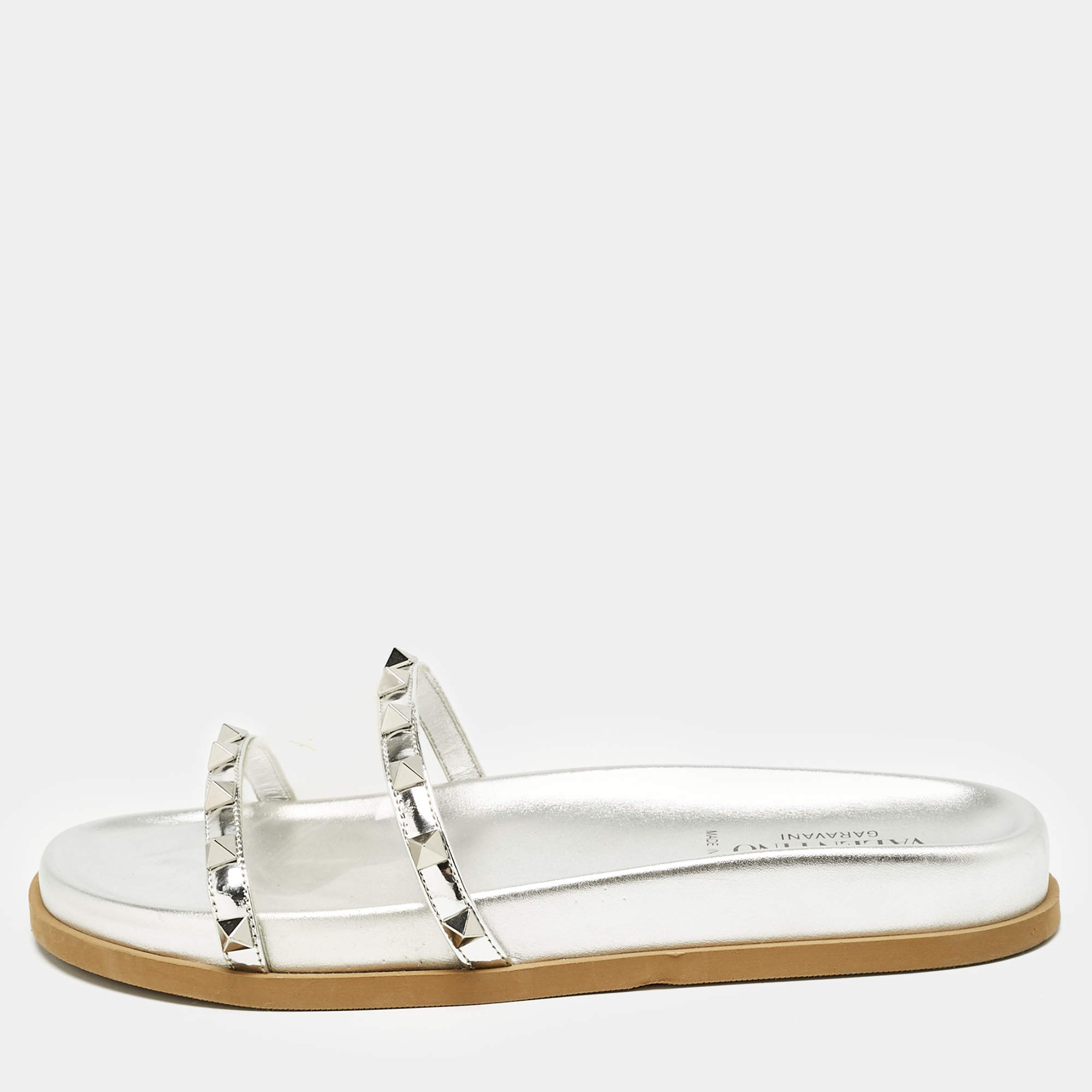 Valentino Silver Leather And PVC Rockstud Flat Slides Size 37