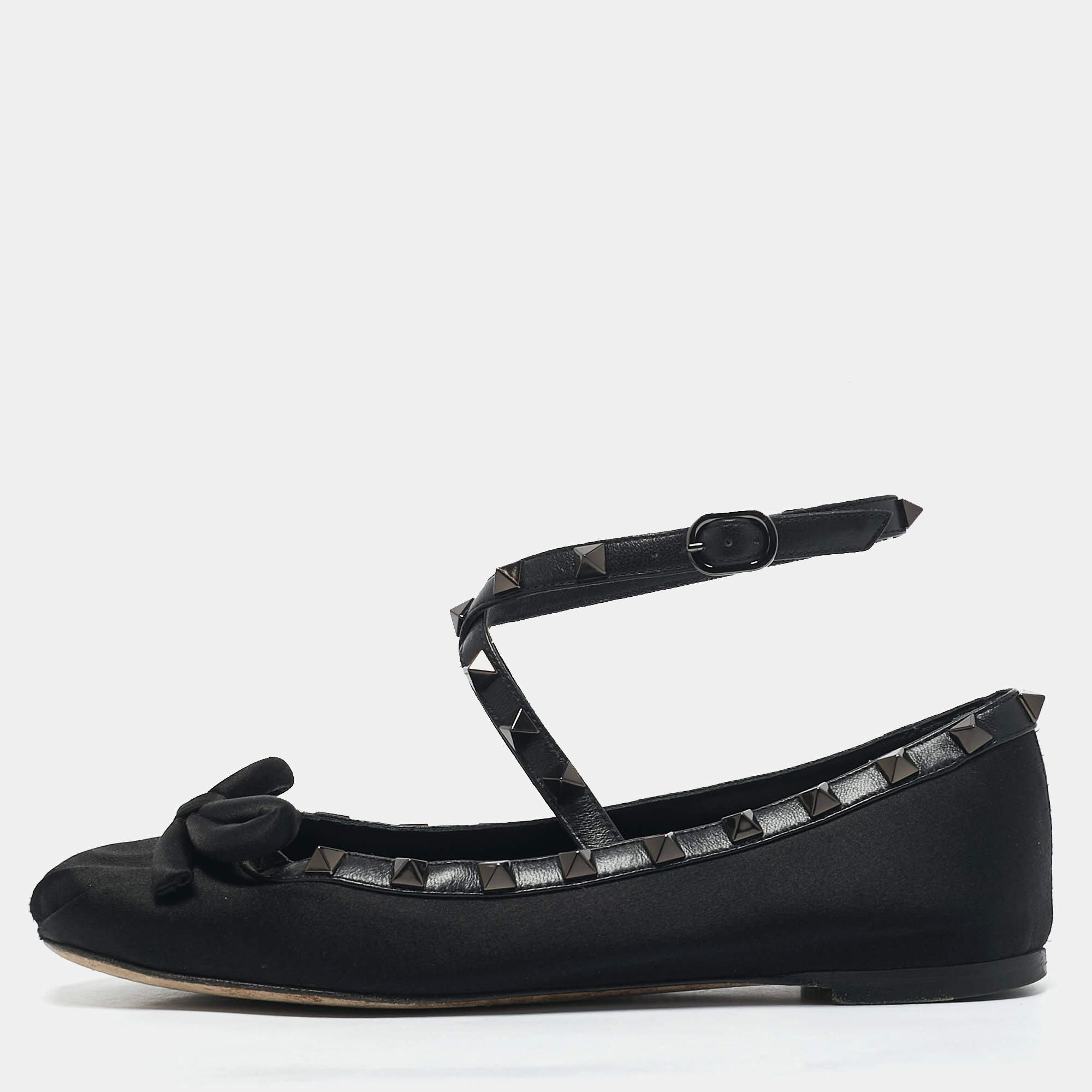 Valentino Black Satin Bow Rockstud Ankle Strap Ballet Flats Size 36