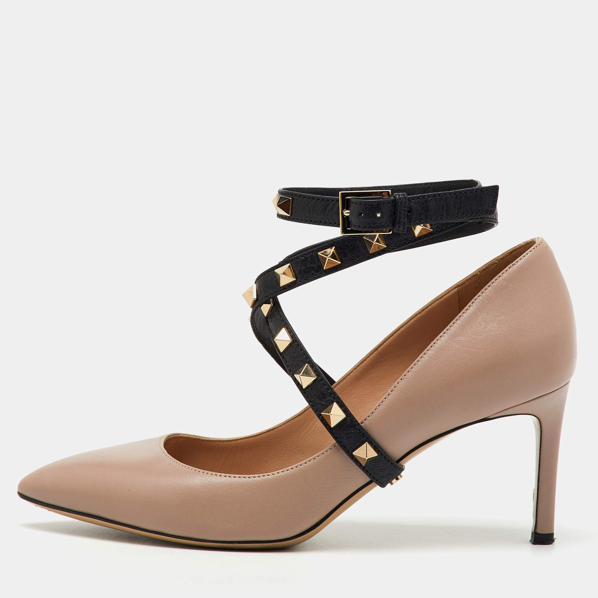 Valentino Beige/Black Leather Rockstud Ankle Wrap Pointed Toe Pumps Size 36.5