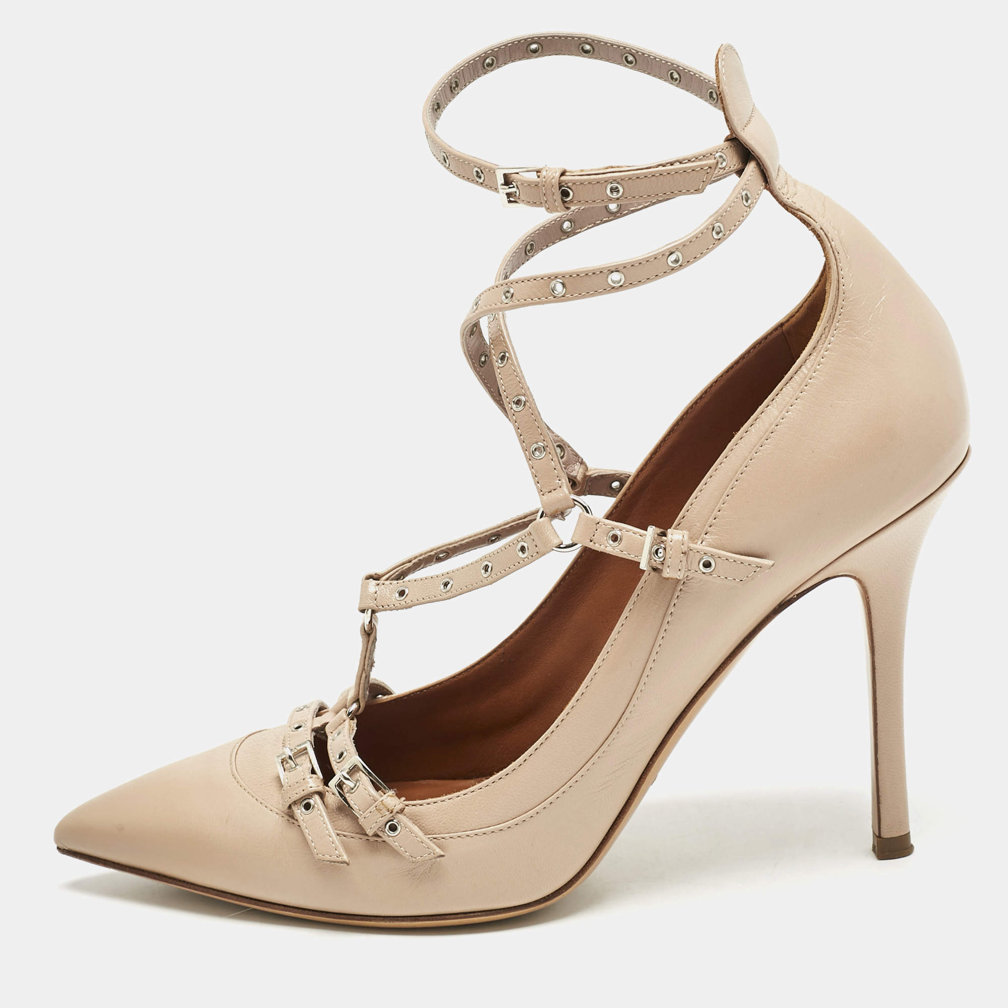 Pre Owned Valentino Beige Leather Love Latch Ankle Strap Pumps Size 39