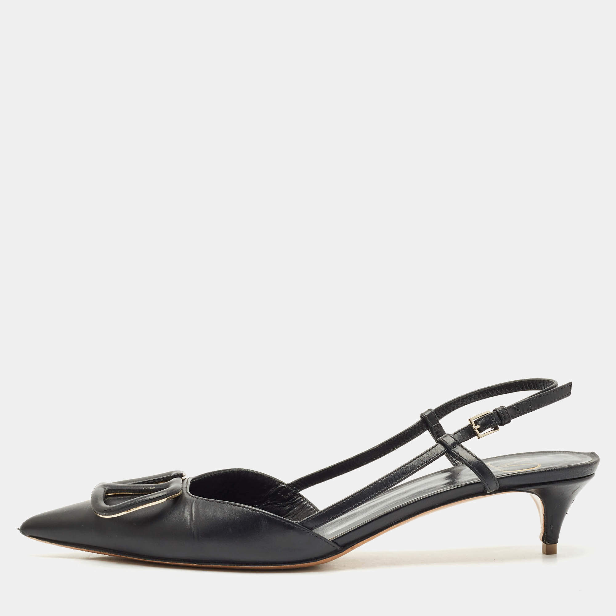 Pre Owned Valentino Black Leather VLogo Slingback Pumps Size 37