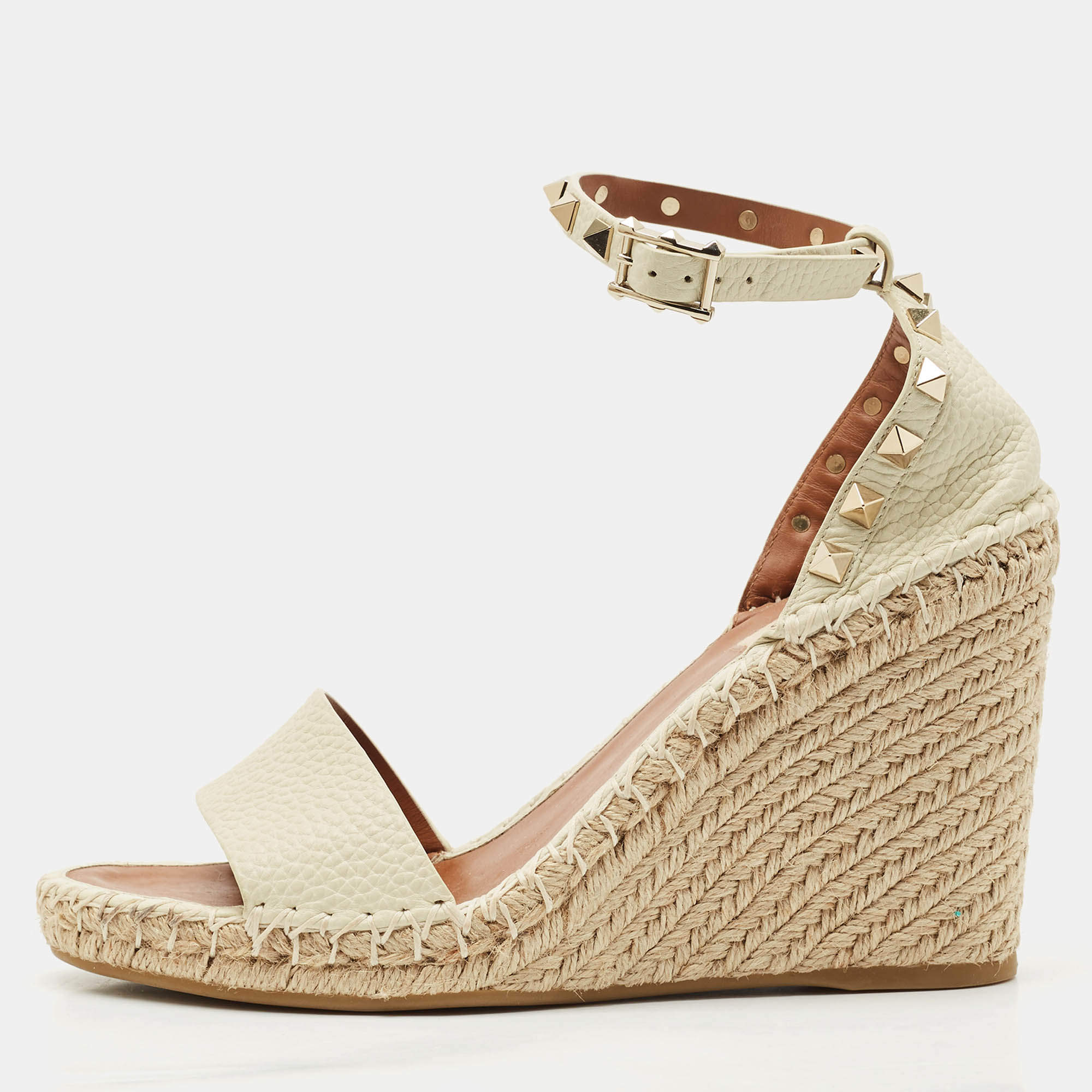 Valentino Cream Leather Rockstud Wedge Espadrille Ankle Strap Sandals Size 39