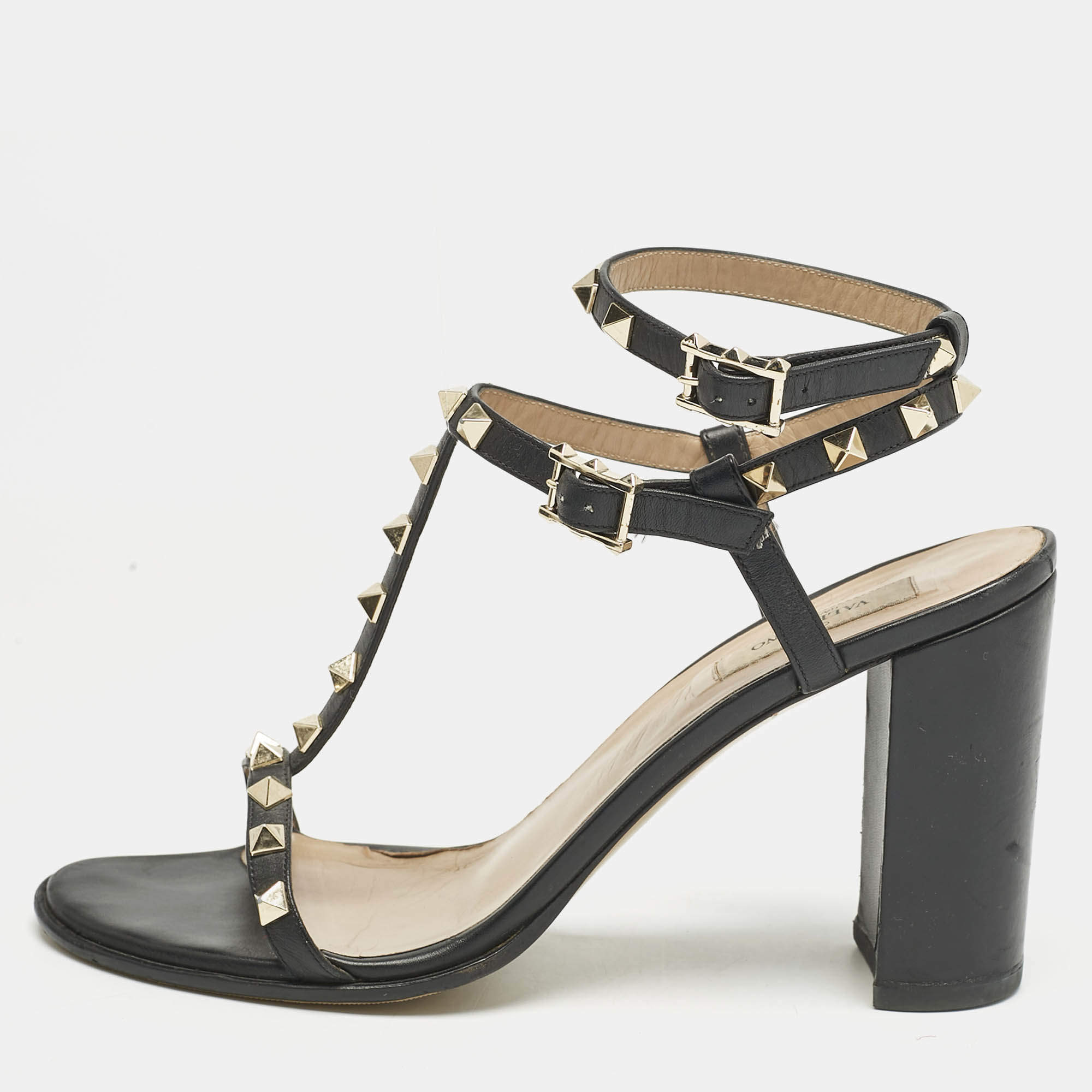 Valentino Black Leather Rockstud Block Heel Strappy Sandals Size 40