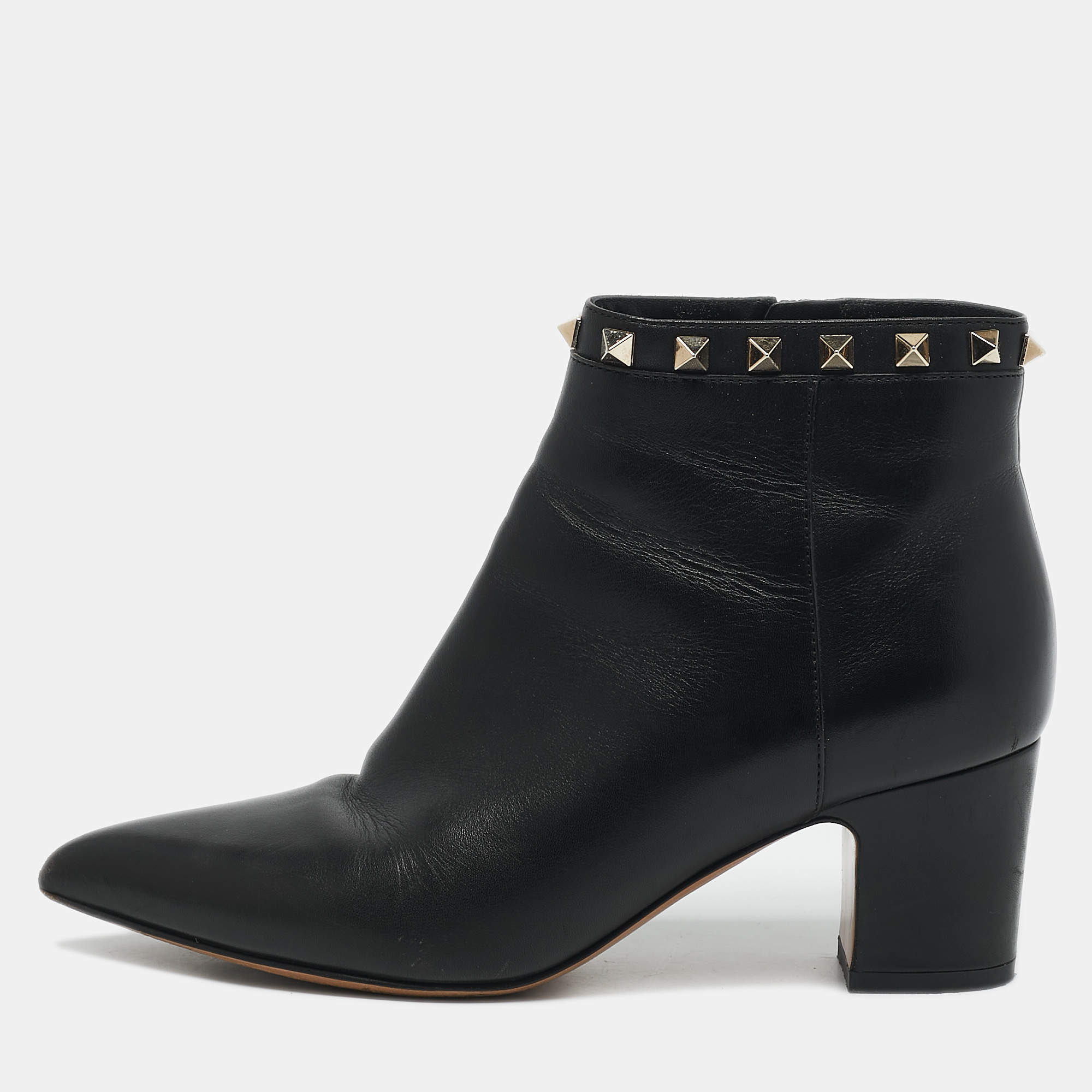 Valentino Black Leather Rockstud Pointed Toe Block Heel Ankle Boots Size 36