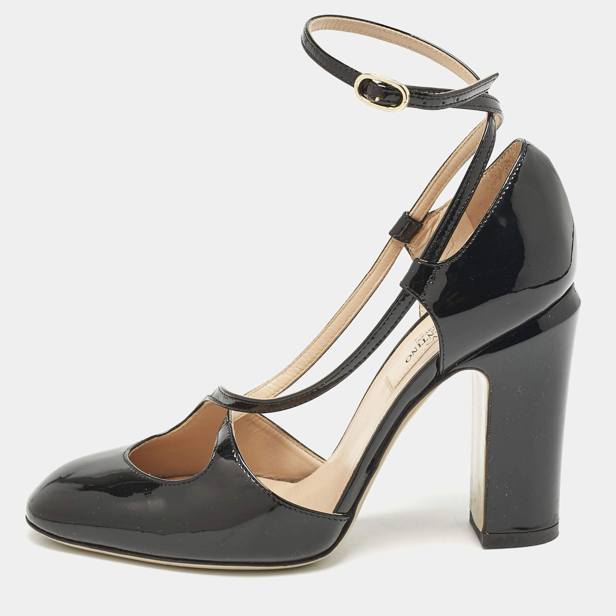 Valentino Black Patent Leather Ankle Strap Block Heel Pumps Size 36