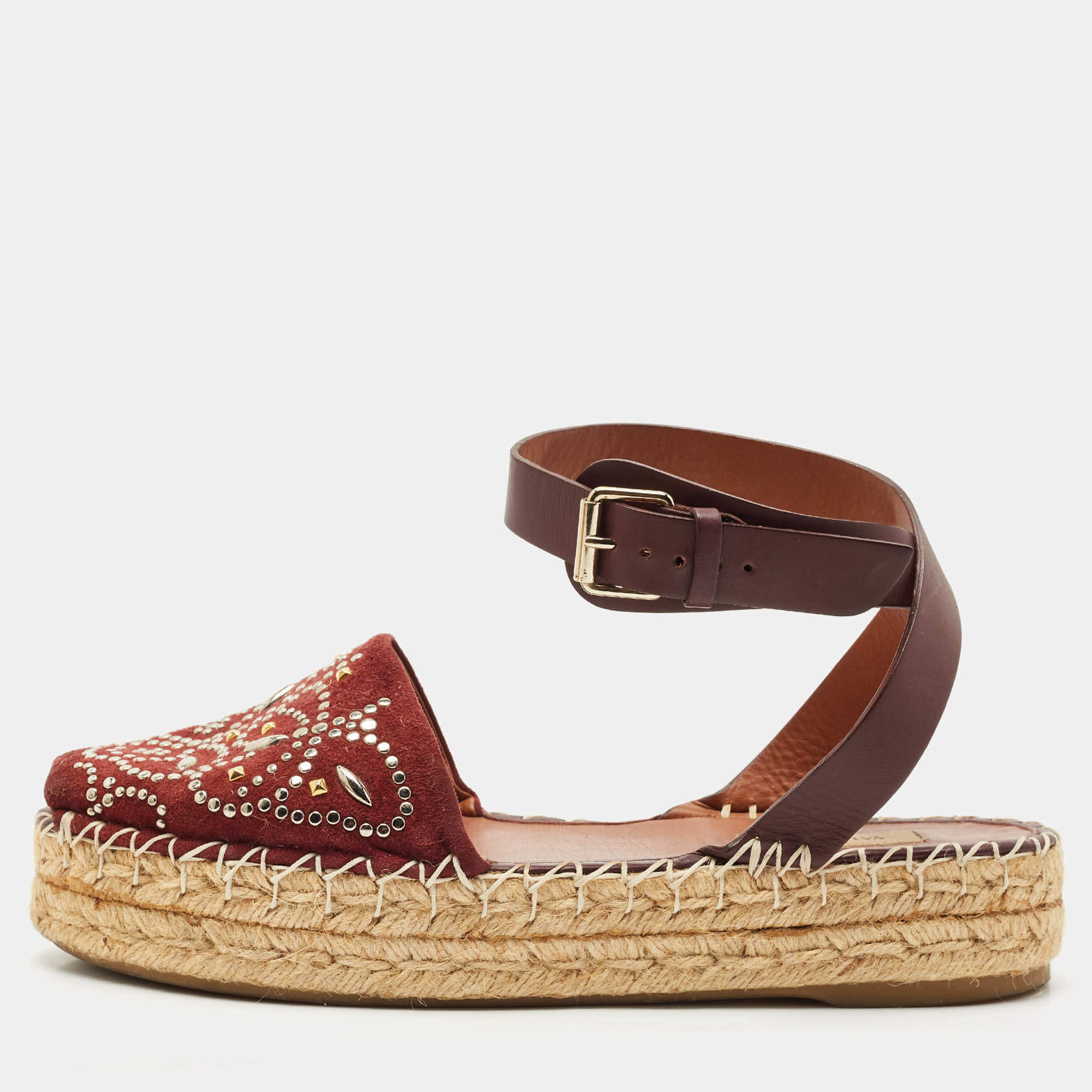 Valentino Burgundy Embellished Suede and Leather Ankle Strap Espadrille Flats Size 39
