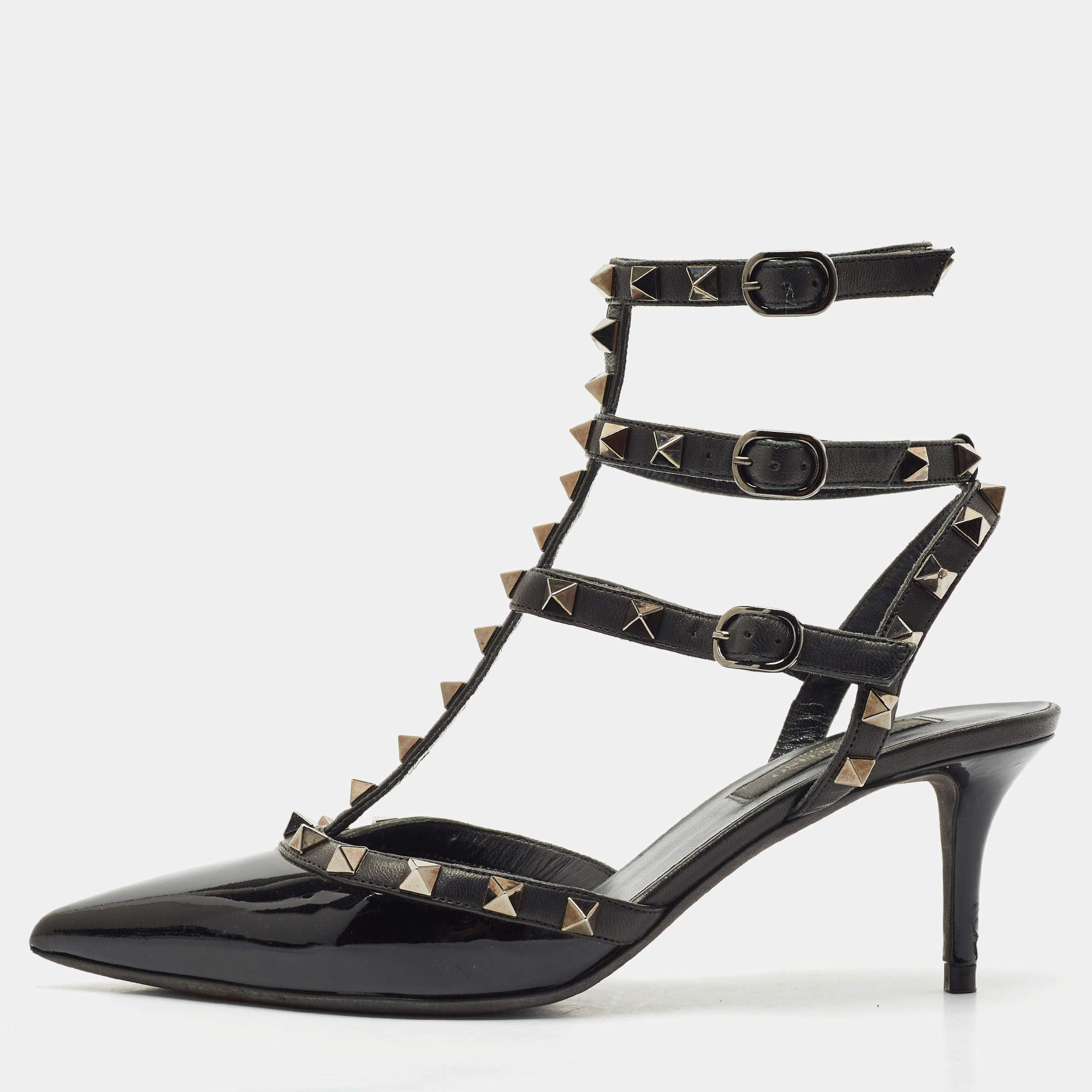 Valentino Black Patent Leather Rockstud Ankle Strap Pumps Size 37