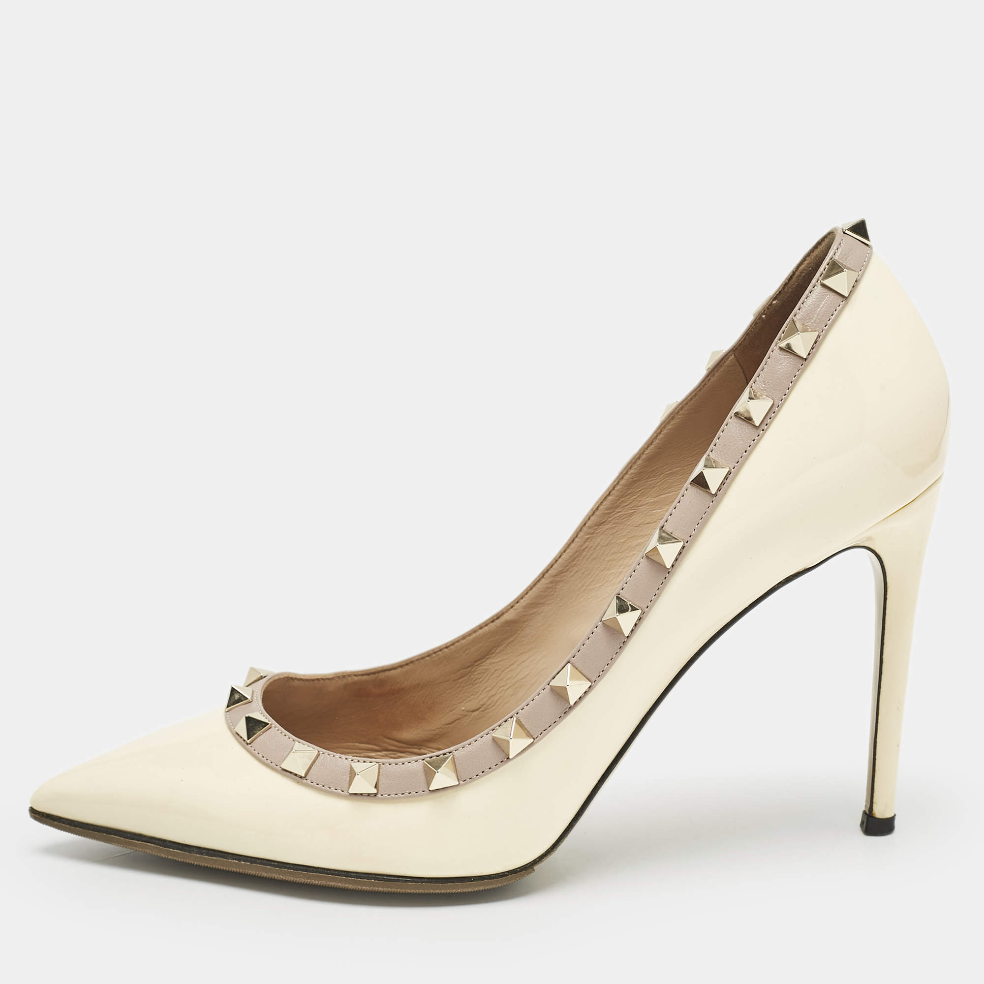 Valentino Cream/Beige Patent Leather Rockstud Pointed Toe Pumps Size 39.5