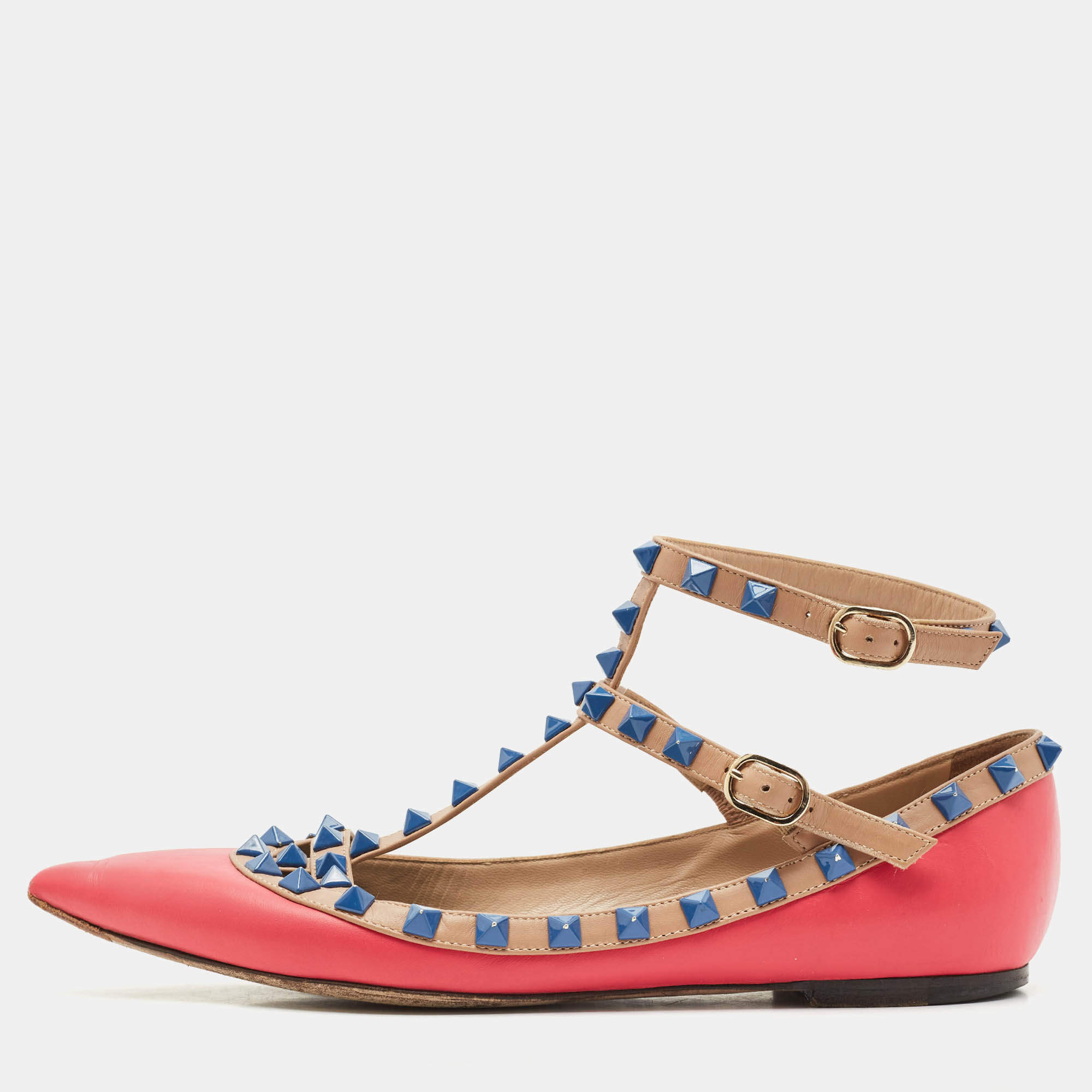 Valentino Pink/Beige Leather Rockstud Ankle Strap Ballet Flats Size 37