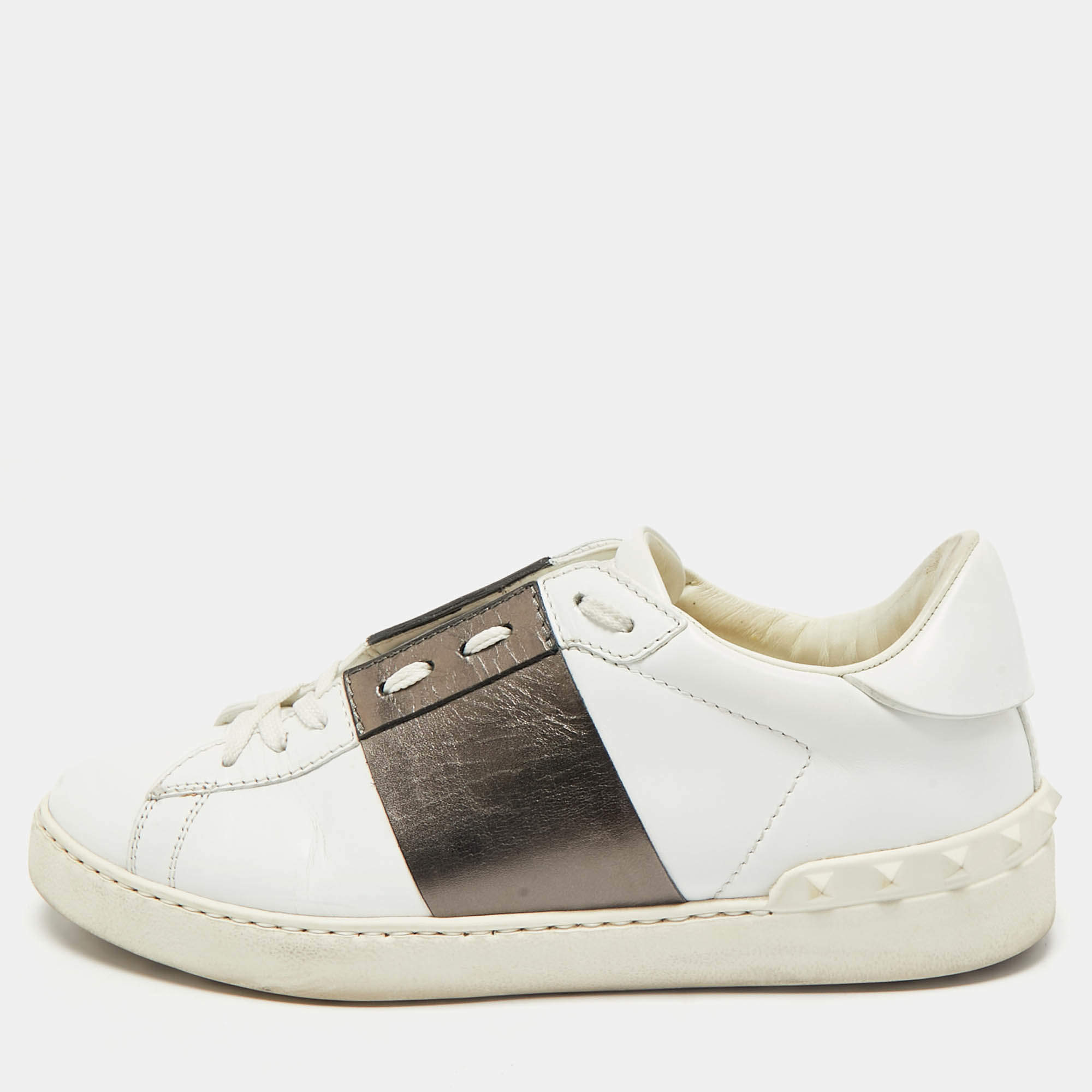 Valentino White/Bronze Leather Open For A Change Rockstud Sneakers Size 39