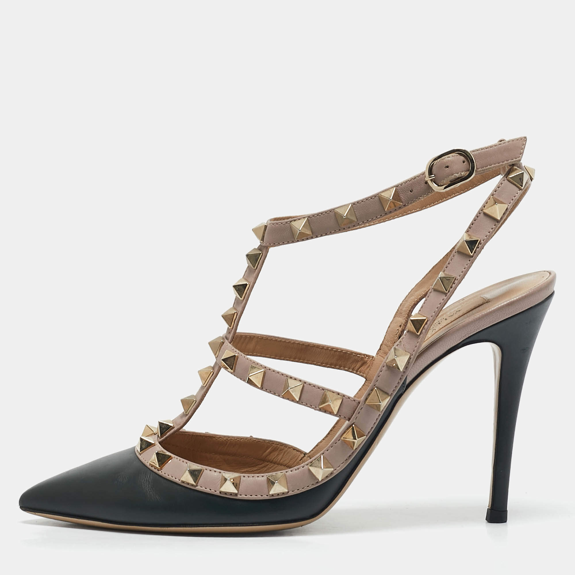 Valentino Black/Old Rose Leather Rockstud Ankle Strap Pumps Size 37