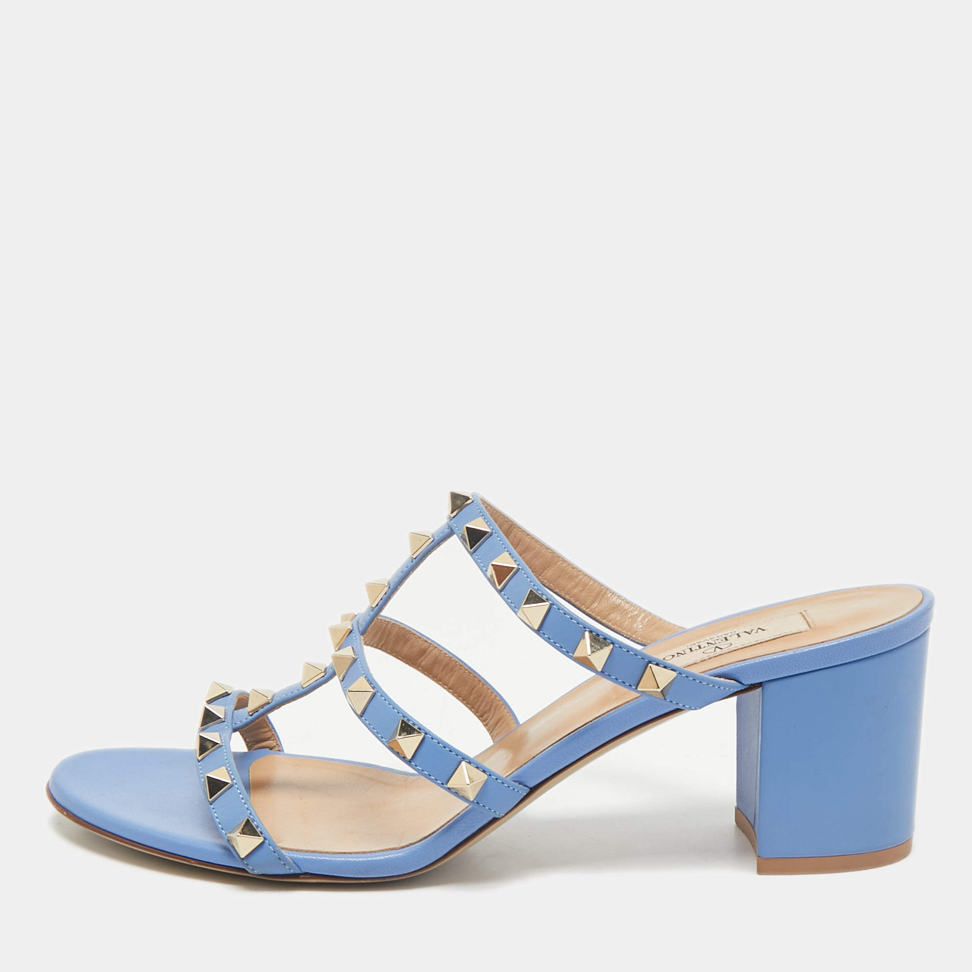 Pre Owned Valentino Blue Leather Rockstud Slide Sandals Size 40