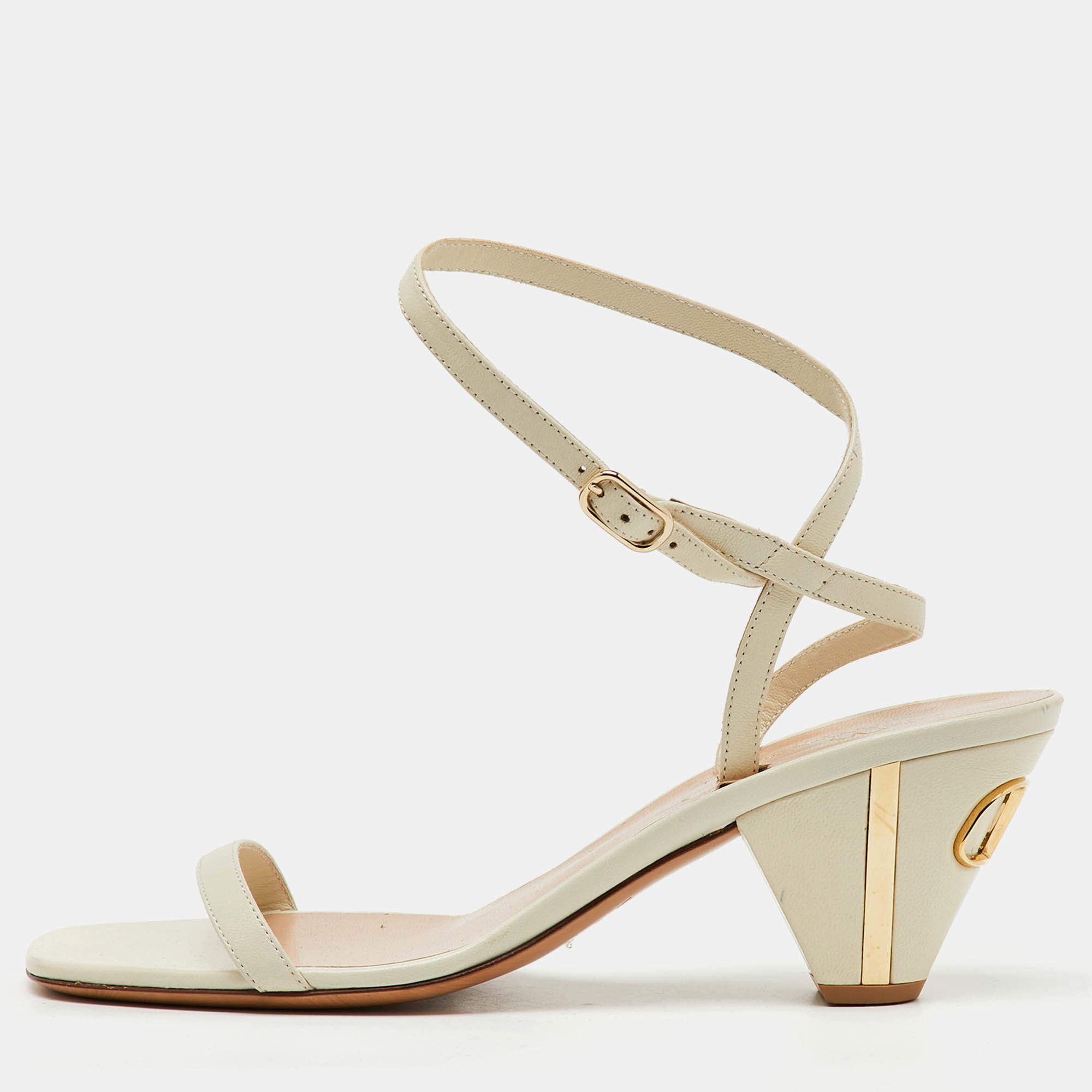 Pre Owned Valentino White Leather VLogo Heel Ankle Strap Sandals Size 37