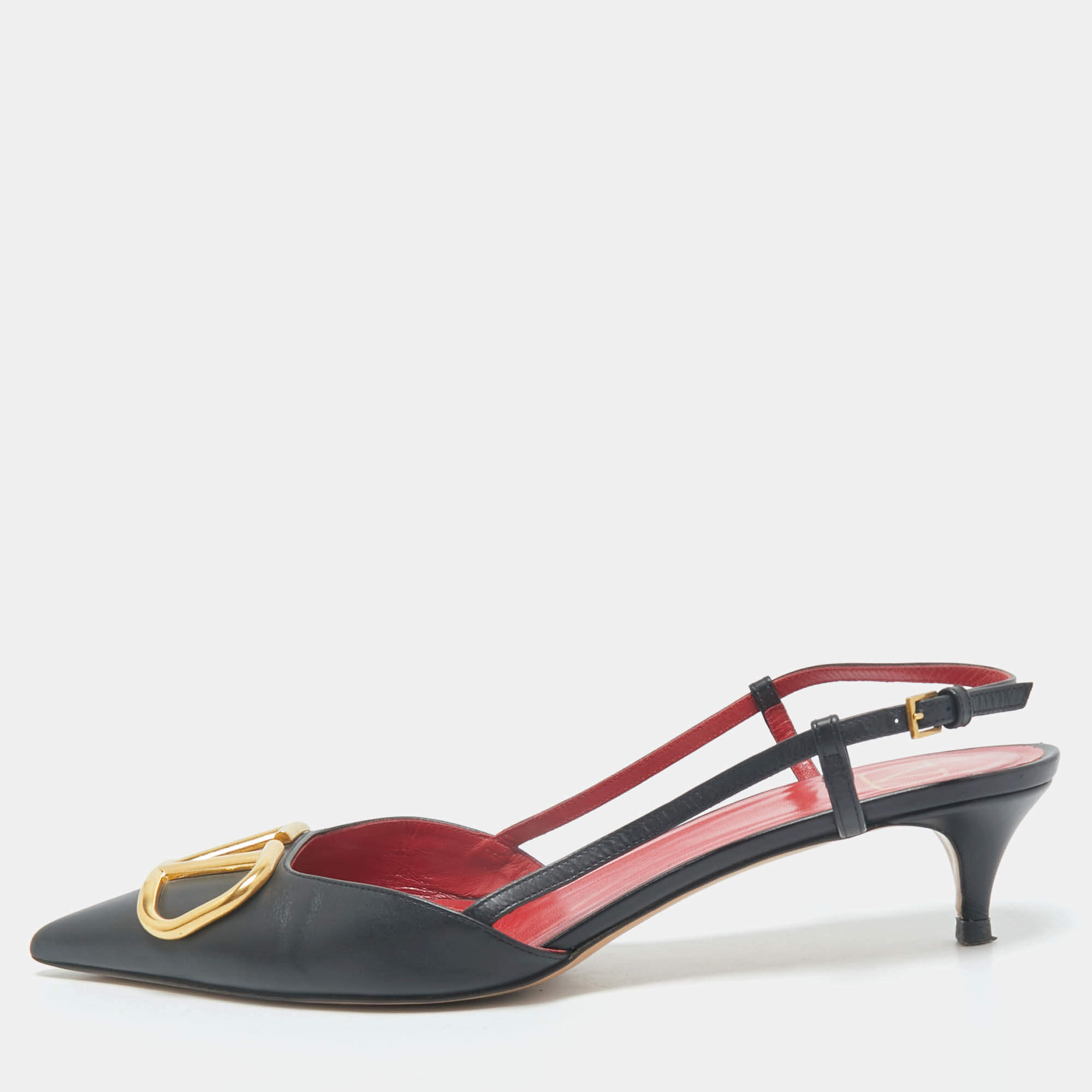 Valentino Black Leather Escape V logo Slingback Pumps Size 40