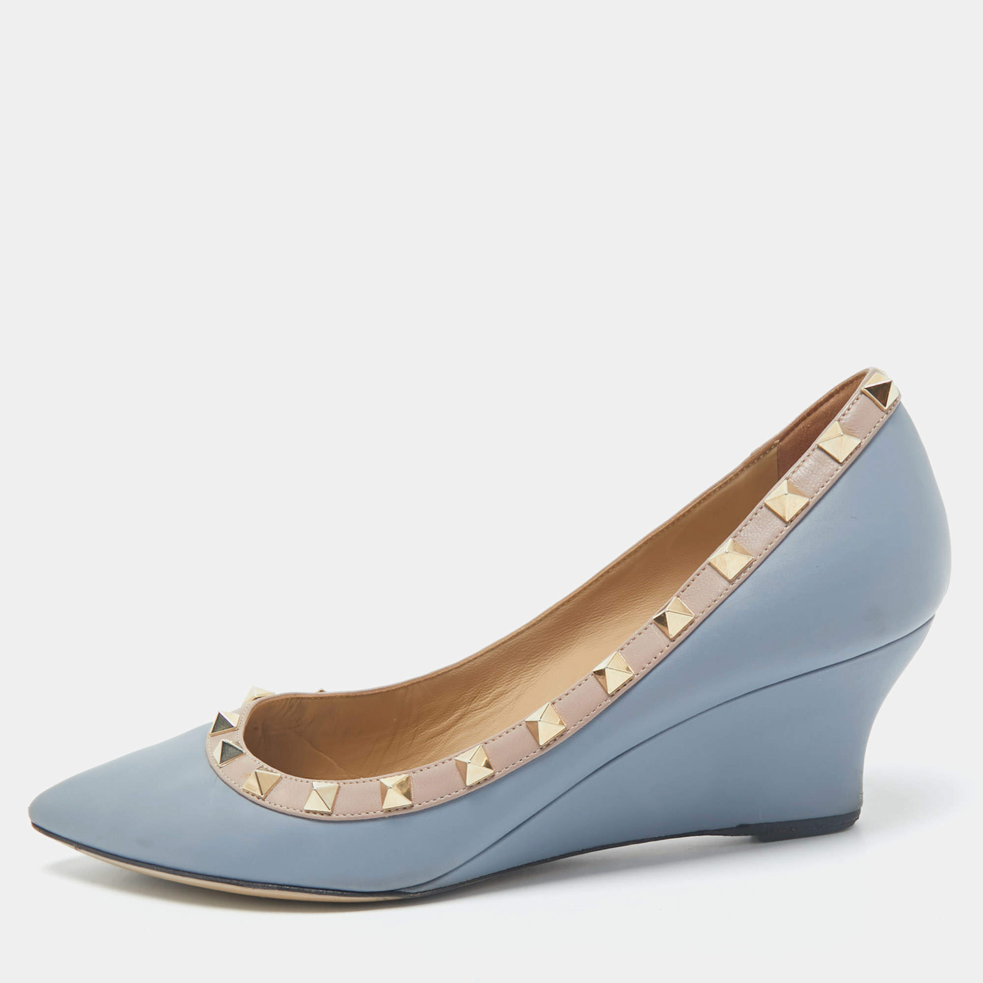 Valentino Blue  Leather Rockstud Pointed Toe Wedge Pumps Size 37.5